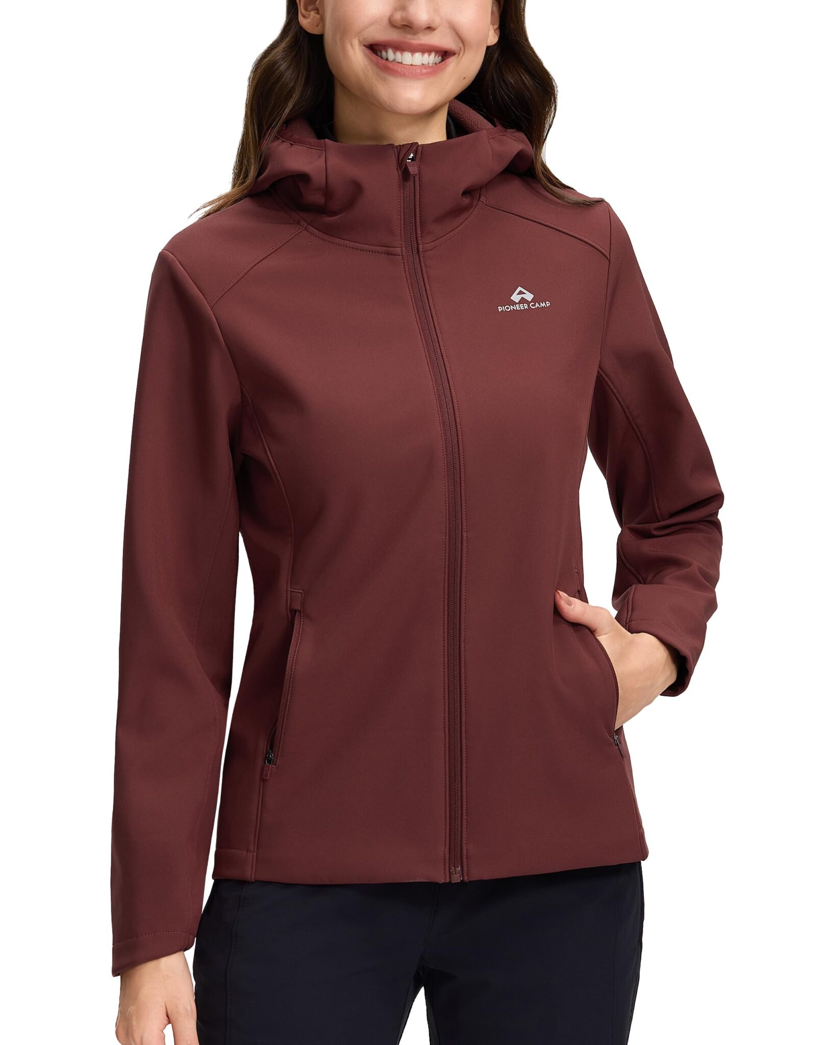 Pioneer Camp Giacca softshell da donna, foderata in pile, con cappuccio, impermeabile e antivento, pratica giacca per le mezze stagioni per il tempo libero e le attività all'aperto