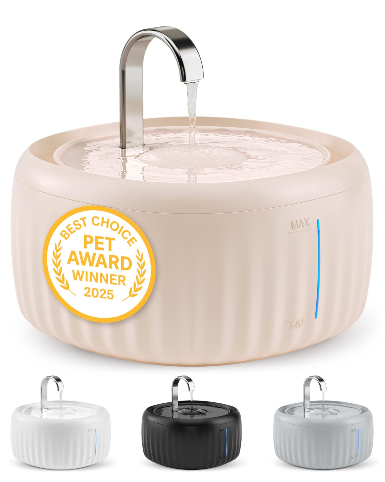 Pretty Paw Fontanella per Gatti 3L con LED Livello Acqua Beige | Dispenser acqua gatti silenzioso, filtro carbone attivo e resina, beccuccio in metallo, BPA Free