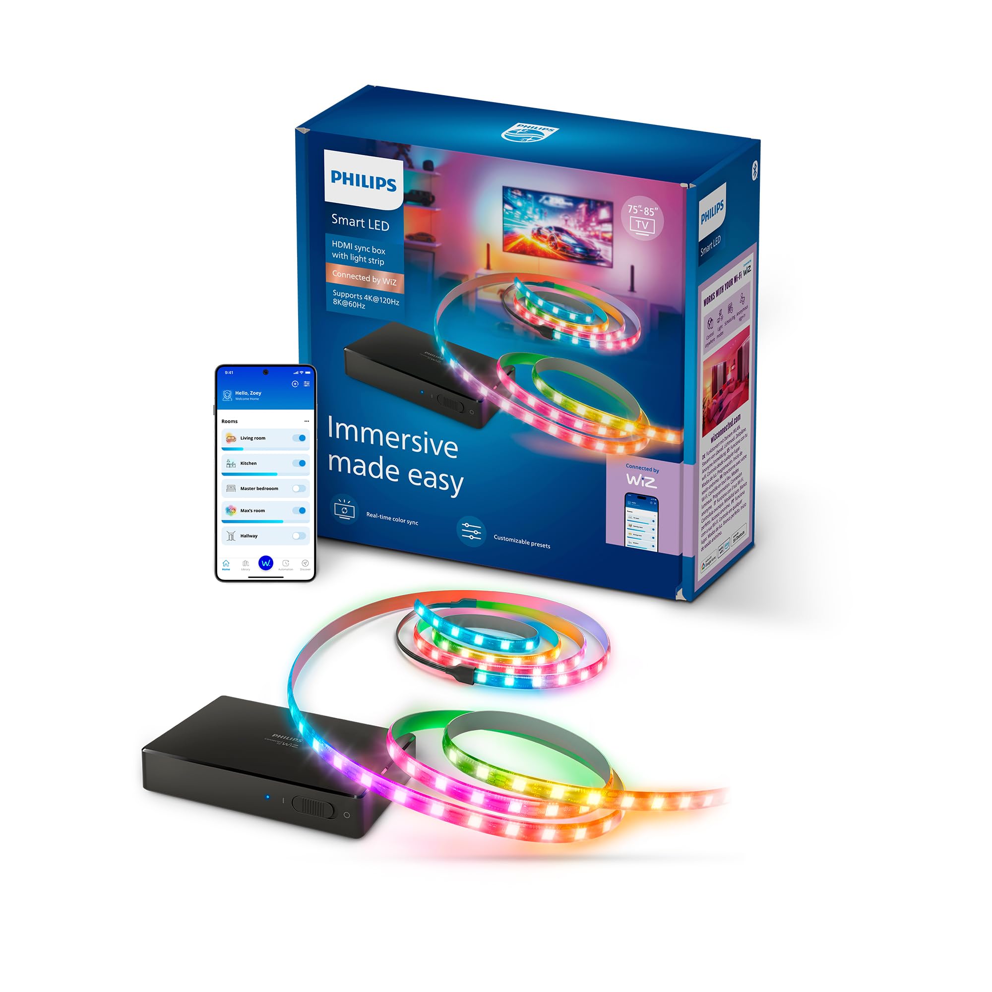 Philips Smart Lighting HDMI 2.1 Sync Box, Retroilluminazione LED TV 75-85" | 8K, Striscia RGBIC, Frequenza aggiornamento ultraveloce, Luce personalizzabile, Smart Home, Ingresso H…