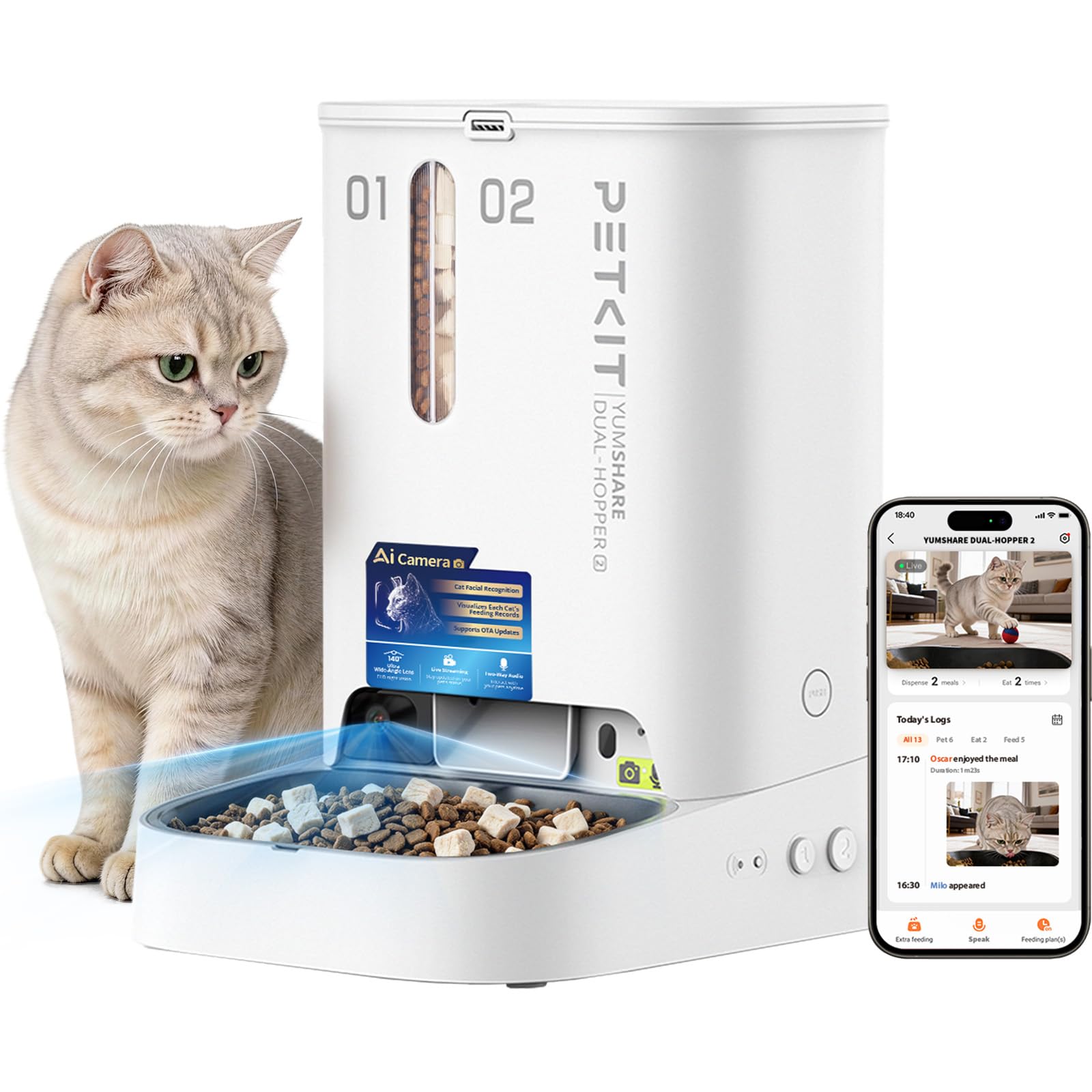 PETKIT YumShare Dual-Hopper 2, Distributore Automatico di Cibo per Gatti e Cani con Telecamera HD 1080p, Riconoscimento Multiplo Gatti, Funzioni AI, Capacità 5L, Wi-Fi 2.4 GHz e 5…