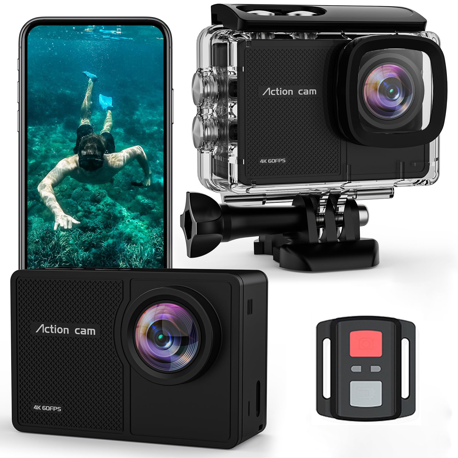 TIMNUT Action camera subacquea 4K 60FPS 48MP HD WiFi con EIS, impermeabile fino a 40 m, grandangolare, per sport, con 2 batterie da 1350 mAh, kit di accessori per il montaggio