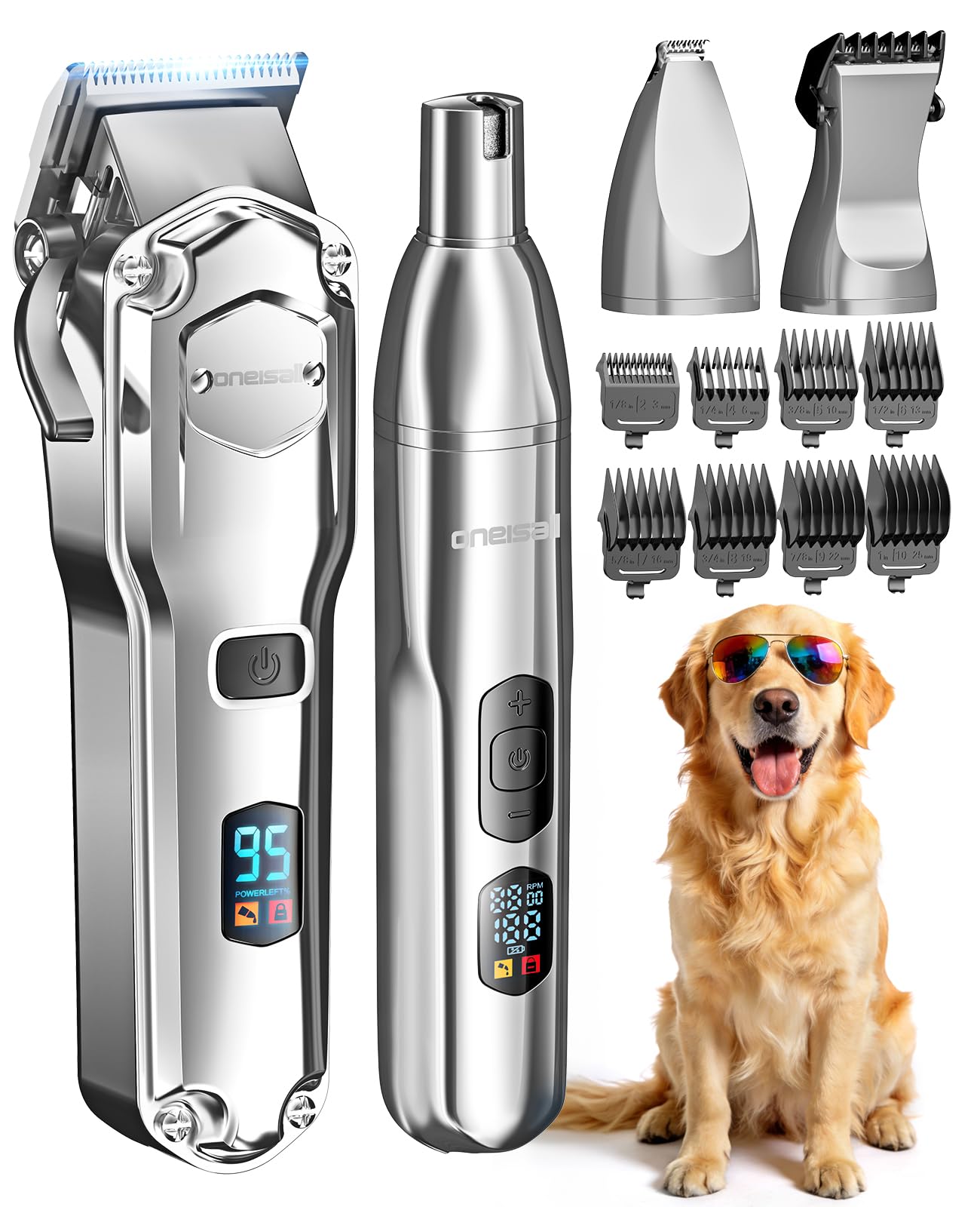 oneisall 4 in 1 Tosatrice per cani con pelo folto/denso | silenziosa Tosatrice professionale, tagliaunghie, limatrice per cani di piccola e grande taglia e gatti, batteria da 4 ore