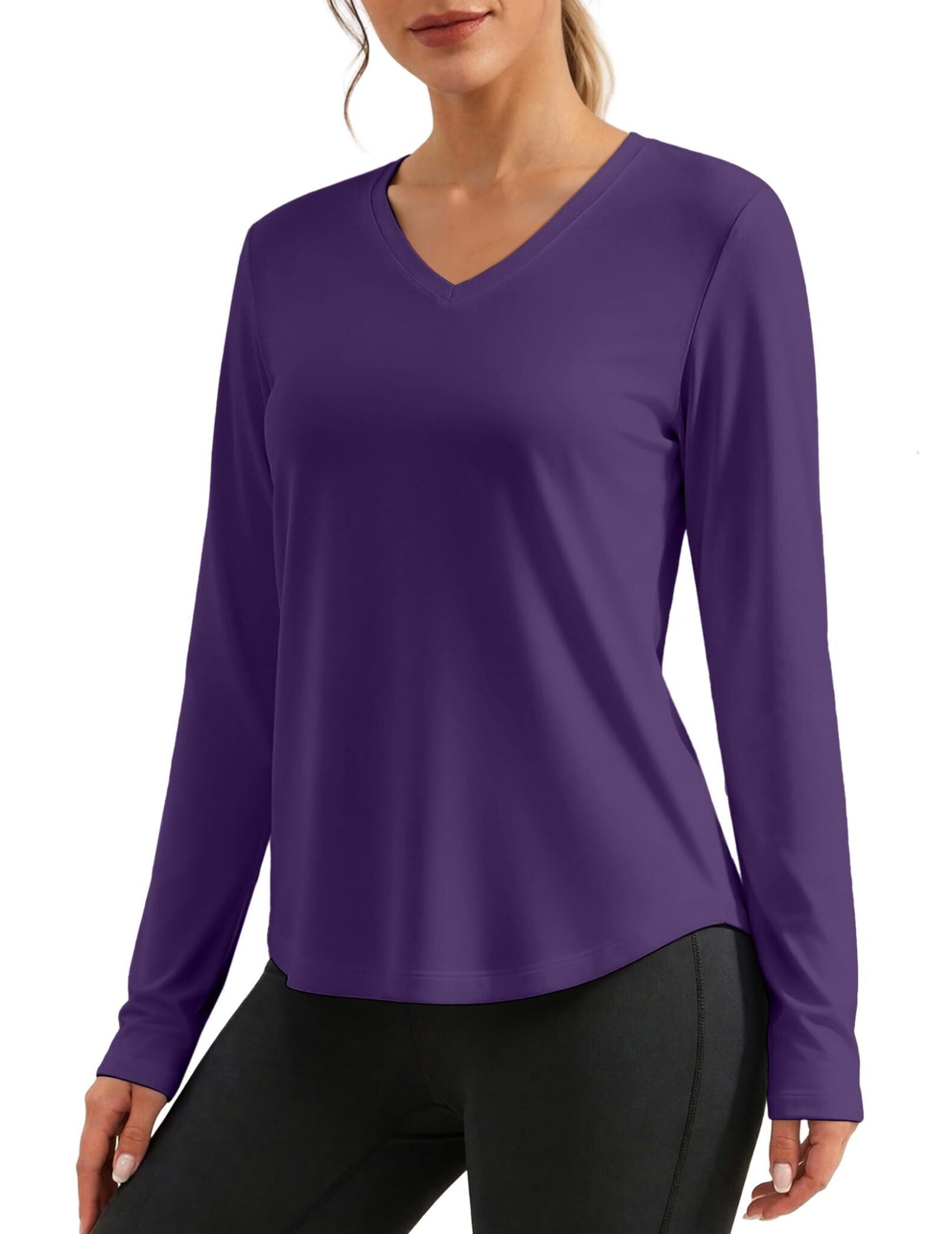 PINSPARK Maglia Donna Protezione UV UPF 50+ A Maniche Lunghe Scollo A V | Traspirante e Leggera, Yoga Fitness Jogging Casual, Asciugatura Rapida, Protezione Solare, Orlo Arrotonda…