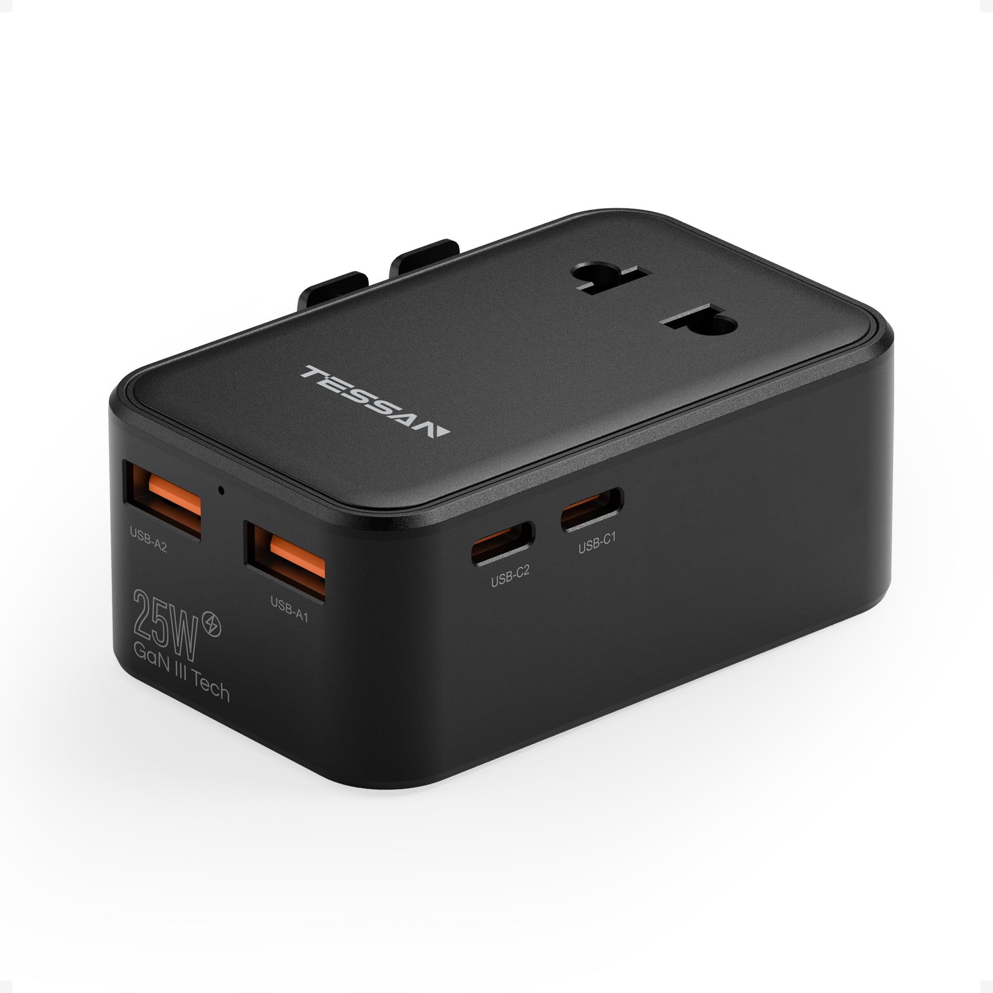 TESSAN Adattatore Universale da Viaggio con 2 USB C PD 25W e 1 USB A | 4 IN 1 Presa Universale da Viaggio per Inghilterra USA Giappone Thailandia Australia Canada Messico, Nero