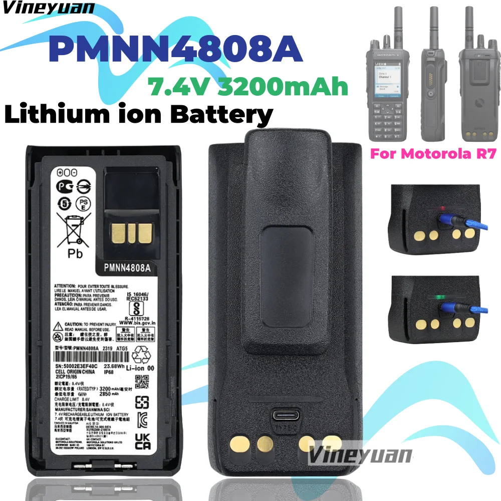 PMNN4808A NUOVA batteria ricaricabile da 7,4 V 3200 mAh con ricarica USB di tipo C per radio bidirezionale Motorola R7 R7A PMNN4807 PMNN4809