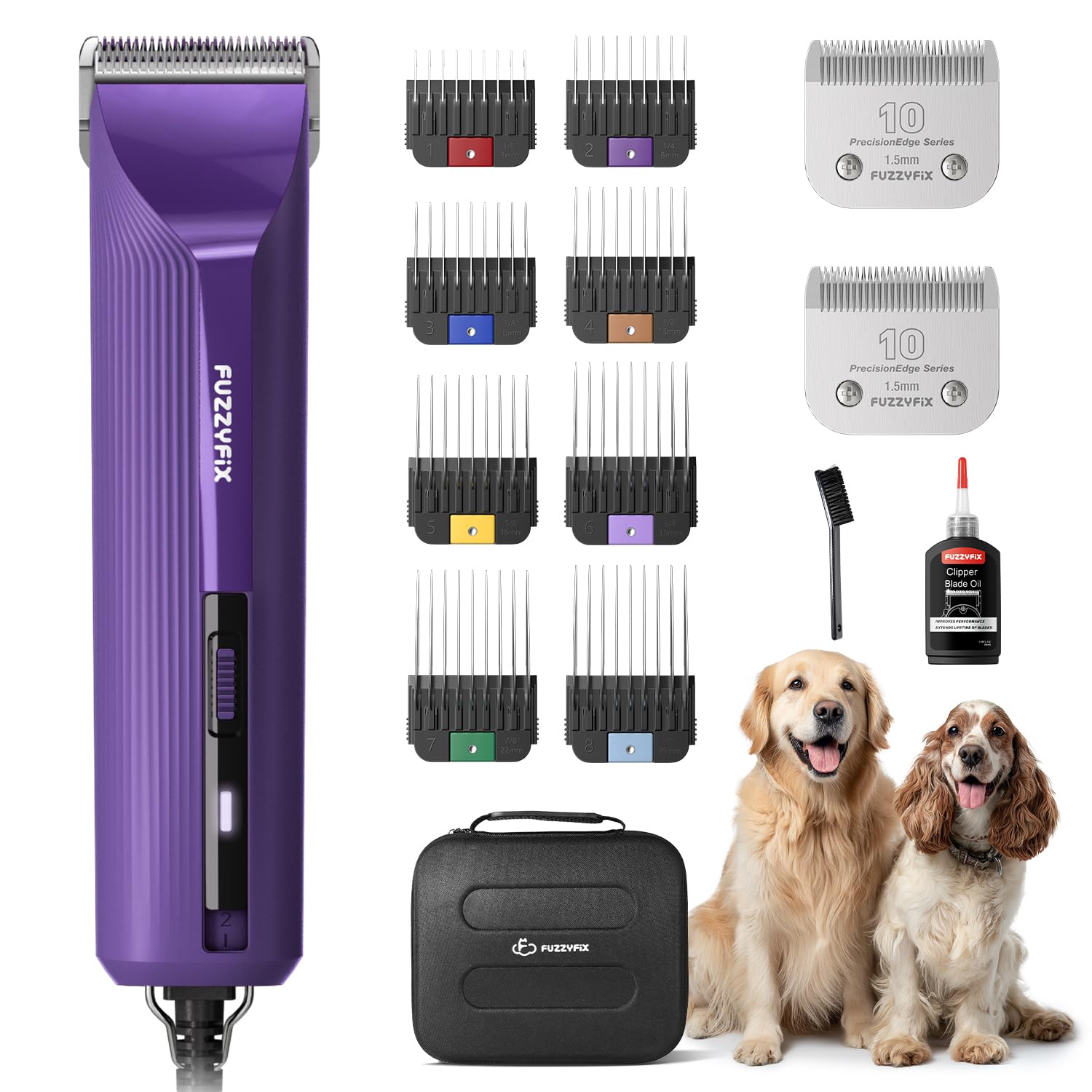 FuzzyFix Tosatrice per cani professionale con cavo | Pettini metallo intercambiabili, cavo 3 m, silenzioso, no surriscaldamento, impugnatura antiscivolo, resistente agli urti