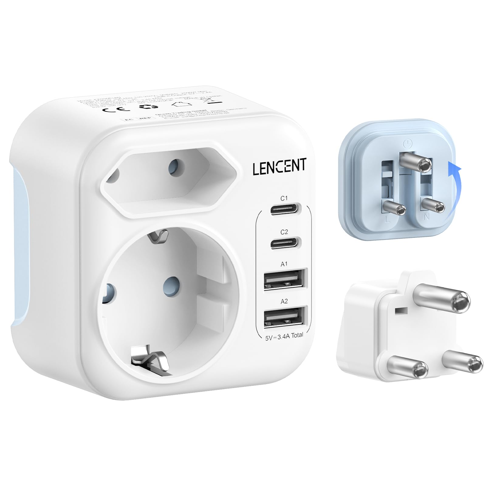 LENCENT Tipo D e Tipo M Adattatore da Viaggio Combinato | con 2 USB-C e 2 USB-A, Spina da Viaggio Pieghevole per Namibia Sudafrica India Nepal