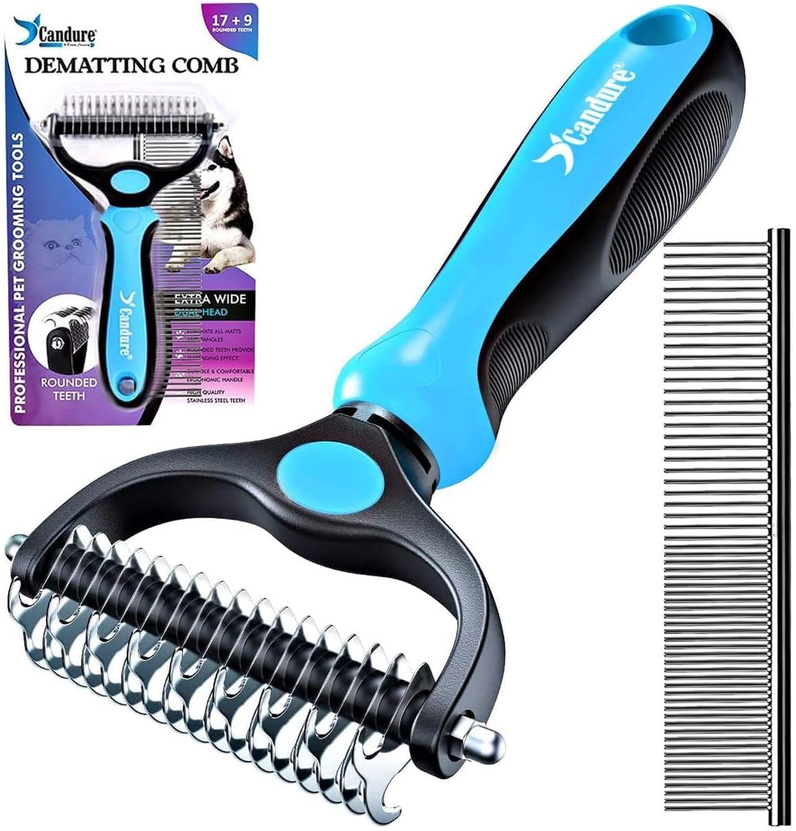 Candure Spazzola per Cani, Pettine Gatti per Pelo Acciaio Inossidabile 17+9 Doppia Faccia Strumento di Deshedding Animali per Cane Pelo Lungo, Medio e Corto (Blu)