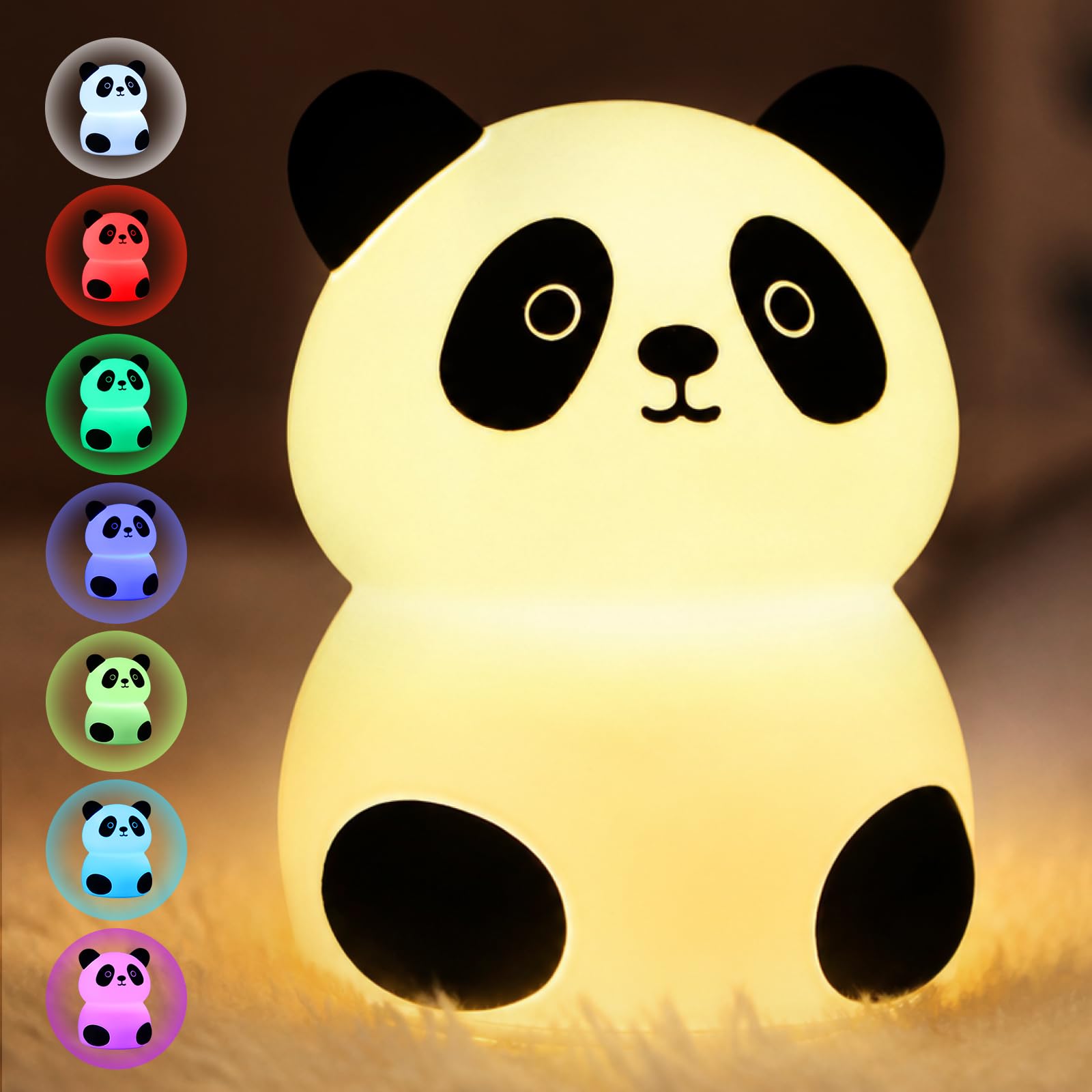 Aigostar Panda Luce Notturna Bambini, 7 Colori + Bianco Caldo, Tattile | Lampada Notturna Bambini in Silicone, Lampada da Comodino Ricaricabile USB, per la Camera, Regalo per Neon…