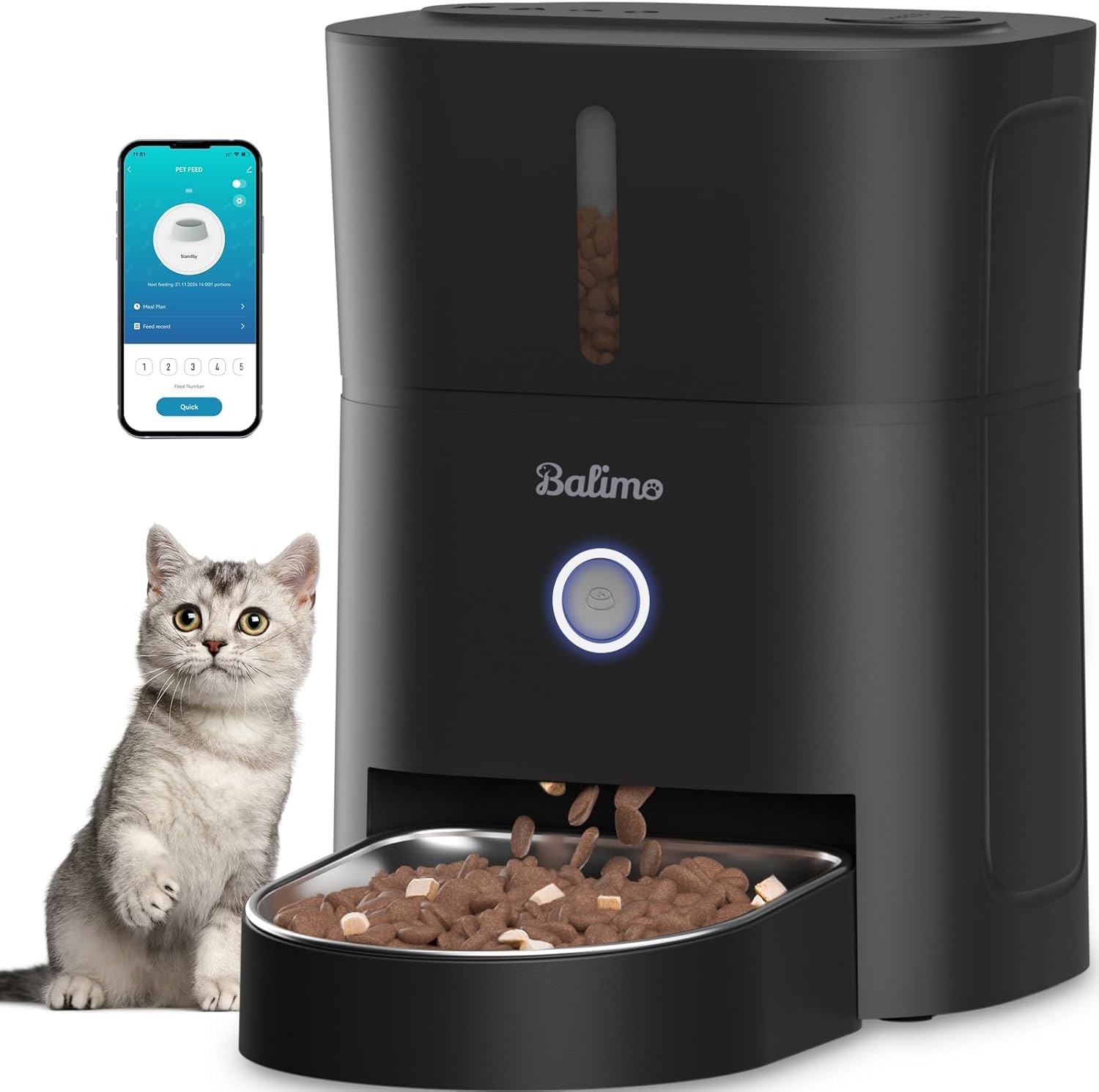 Balimo Distributore Automatico Cibo Gatti, 2.4G WiFi Dispenser Crocchette Gatto, 3L Distributore Automatico Cibo Cani, 10 Pasti al Giorno, Ciotola in Acciaio Inossidabile 304, Ada…