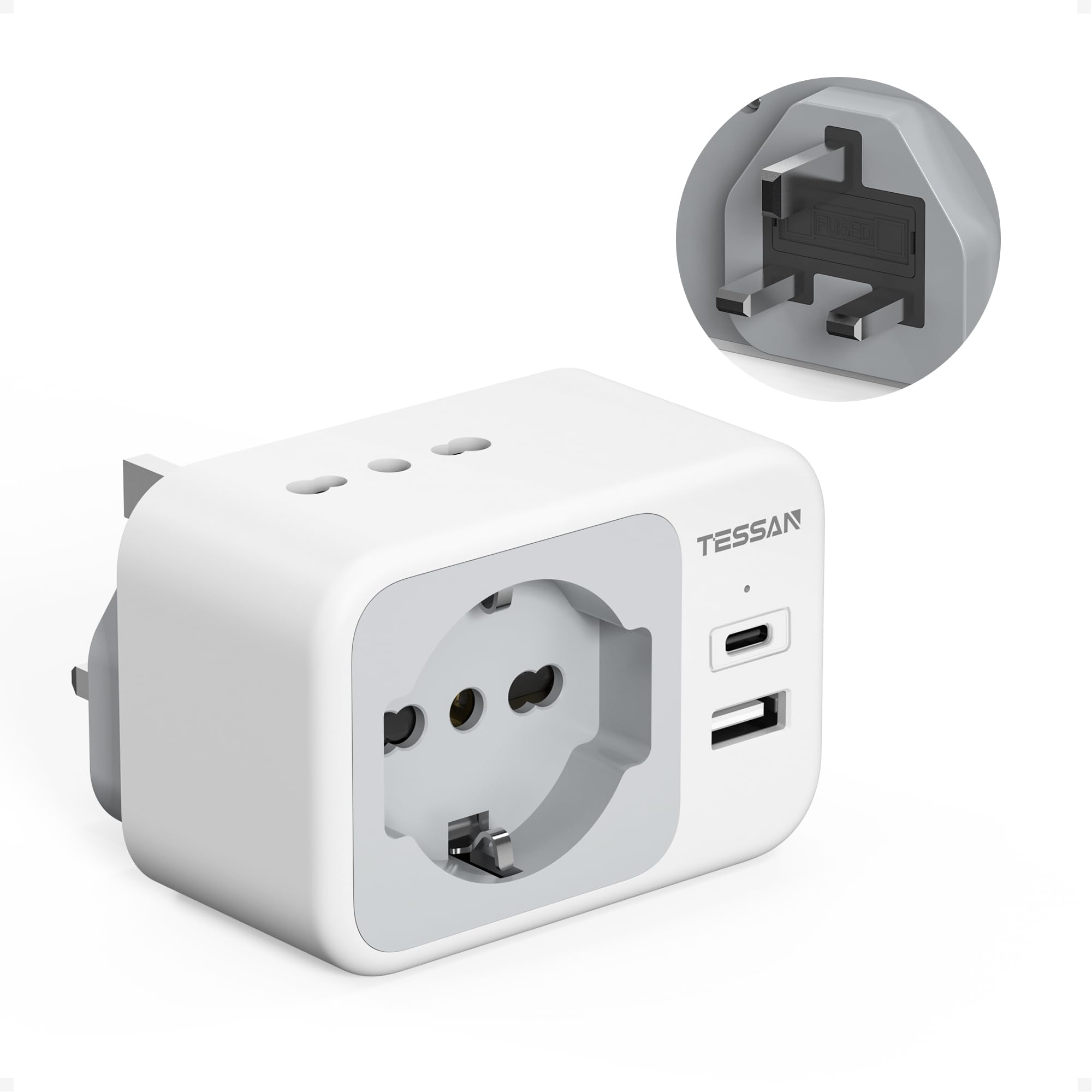 TESSAN Adattatore Presa Inglese con USB C, Adattatore UK 3250 W, Tipo G | Adattatore UK, Presa Inglese per Regno Unito, Irlanda, Scozia, Singapore