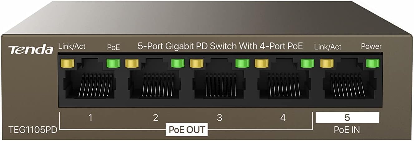 Tenda Switch Ethernet PoE Gigabit 5 Porte PD, Senza Alimentazione AC, 22W | 4 PoE Out + 1 PoE In Gigabit, Plug and Play, Senza Ventola, Compatto, Per Spazi Senza Presa Elettrica (…