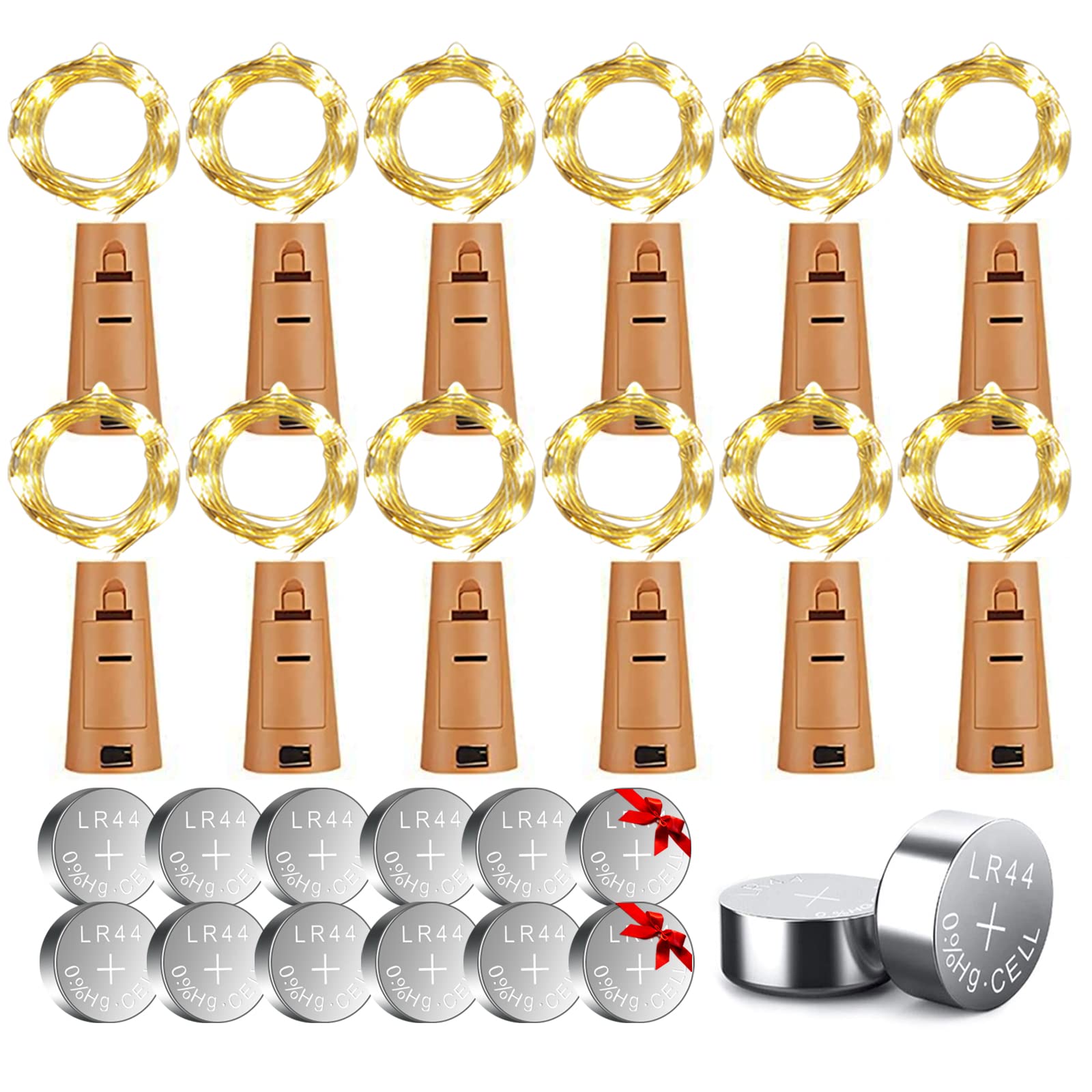 12 Luci per Bottiglie x 2m x 20 LED con 12 Batterie di Ricambio, 12 Stringhe Decorative con 20 LED per Natale e Feste (Bianco Caldo)