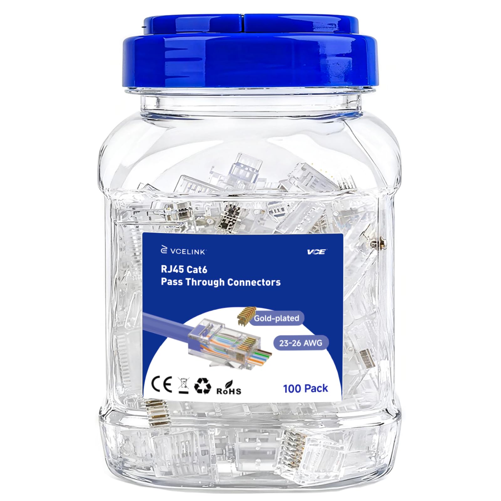 VCE Connettori RJ45 CAT6 Passanti 100 Pezzi, Plug RJ45 Con Blocco Fisso Placcata Oro Per Cavo Ethernet CAT6 CAT5E CAT5, Alta Velocità 1 Gbps, per Modem