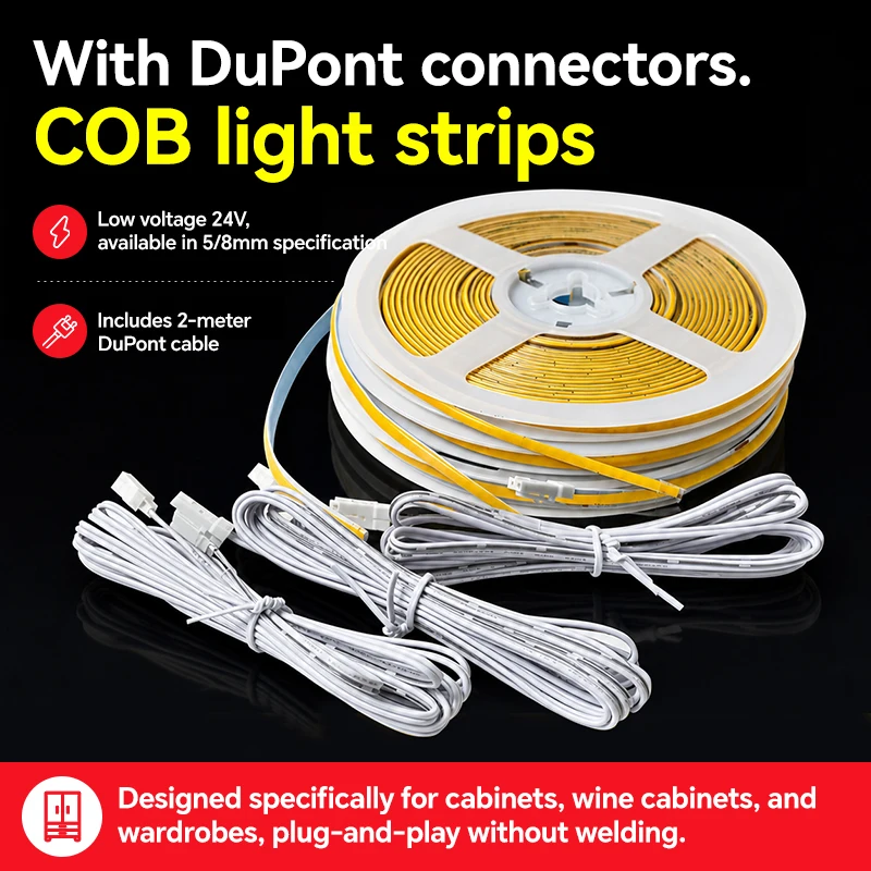 Kit Striscia LED COB ad Alta Densità 24V con Cavo DuPont da 2M, Nessuna Saldatura Richiesta, Plug and Play per Illuminazione di Armadi e Scaffali