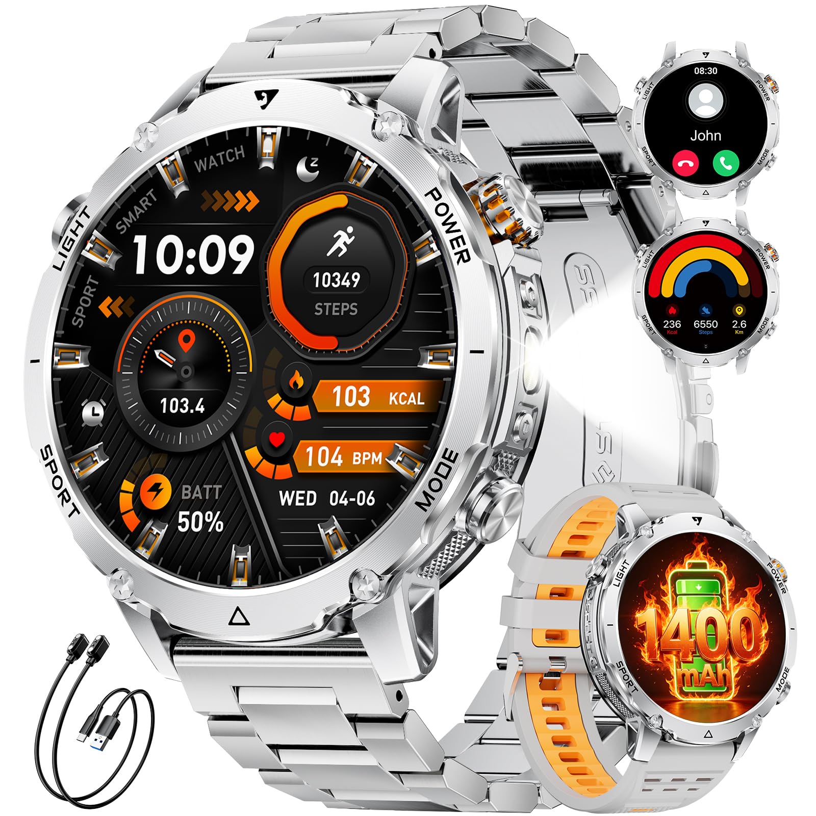1400mAh Batteria Smartwatch Uomo, 1.7'' Militare Smartwatch con Chiamata Bluetooth,100+ Modalità Sportive,IP68 Orologio Fitness,Cardiofrequenzimetro/Sonno,Torcia LED Orologio per…