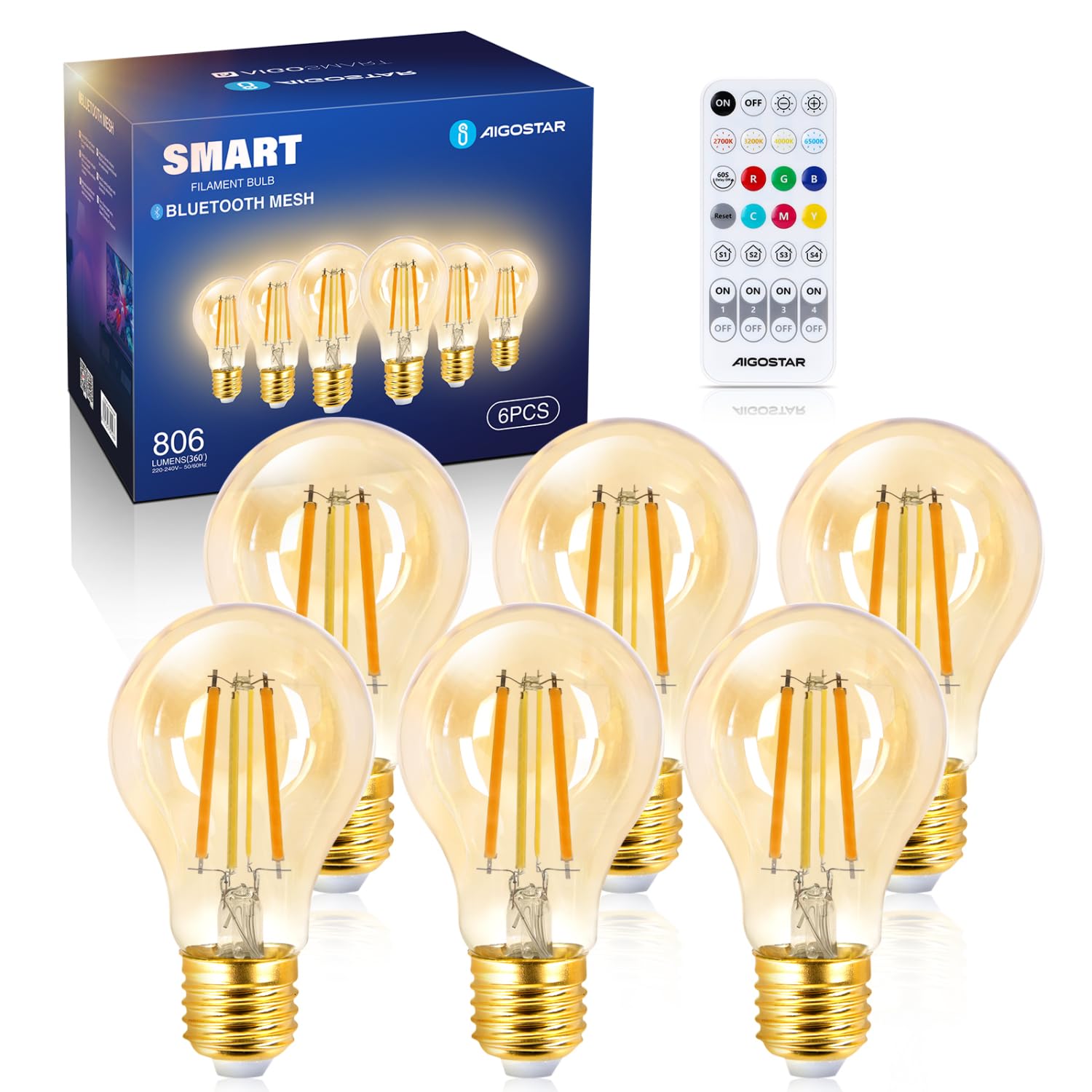 Aigostar Mesh - Lampadine Intelligente Bluetooth Mesh A60, Vintage Edison Lampadina Smart LED 6W Equivalenti a 60W, 2700K-6500K Dimmerabile, Compatibile Con Alexa/Google Home, 6 P…