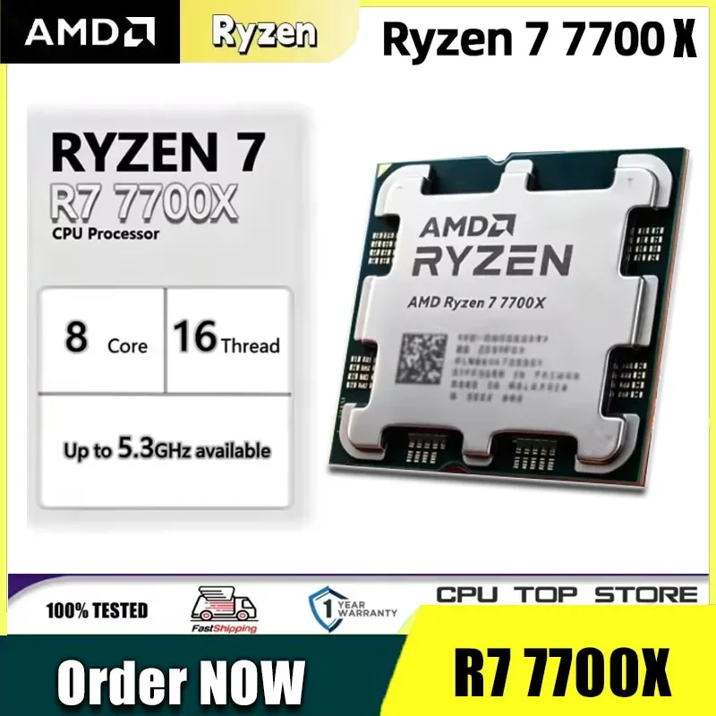 AMD Ryzen 7 7700 CPU Desktop Sbloccato a 8 Core e 16 Thread, 5.3GHz per Gaming, Socket AM5 - Senza Confezione