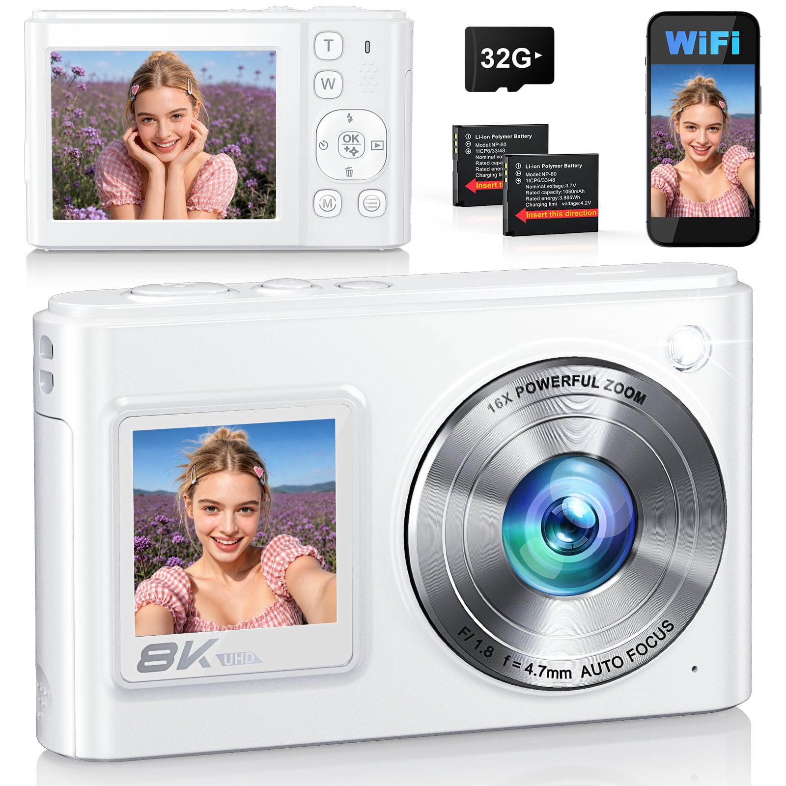 Fotocamera digitale WiFi 8K 96MP 2026 per vlogging YouTube con doppio schermo, autofocus anti-vibrazione, zoom 16X, fotocamera compatta da viaggio con scheda 32 GB e 2 batterie da…