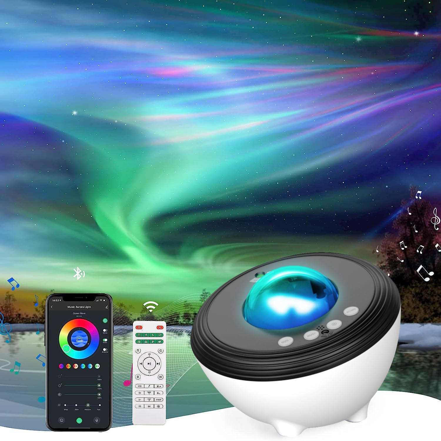 YunLone Proiettore Aurora Lampada Proiettore Stelle Soffitto LED Proiettore Cielo Galassia con Smart APP, Compatibile con Alexa, Macchina Suono, Bluetooth Musicale, 48 Modalità pe…