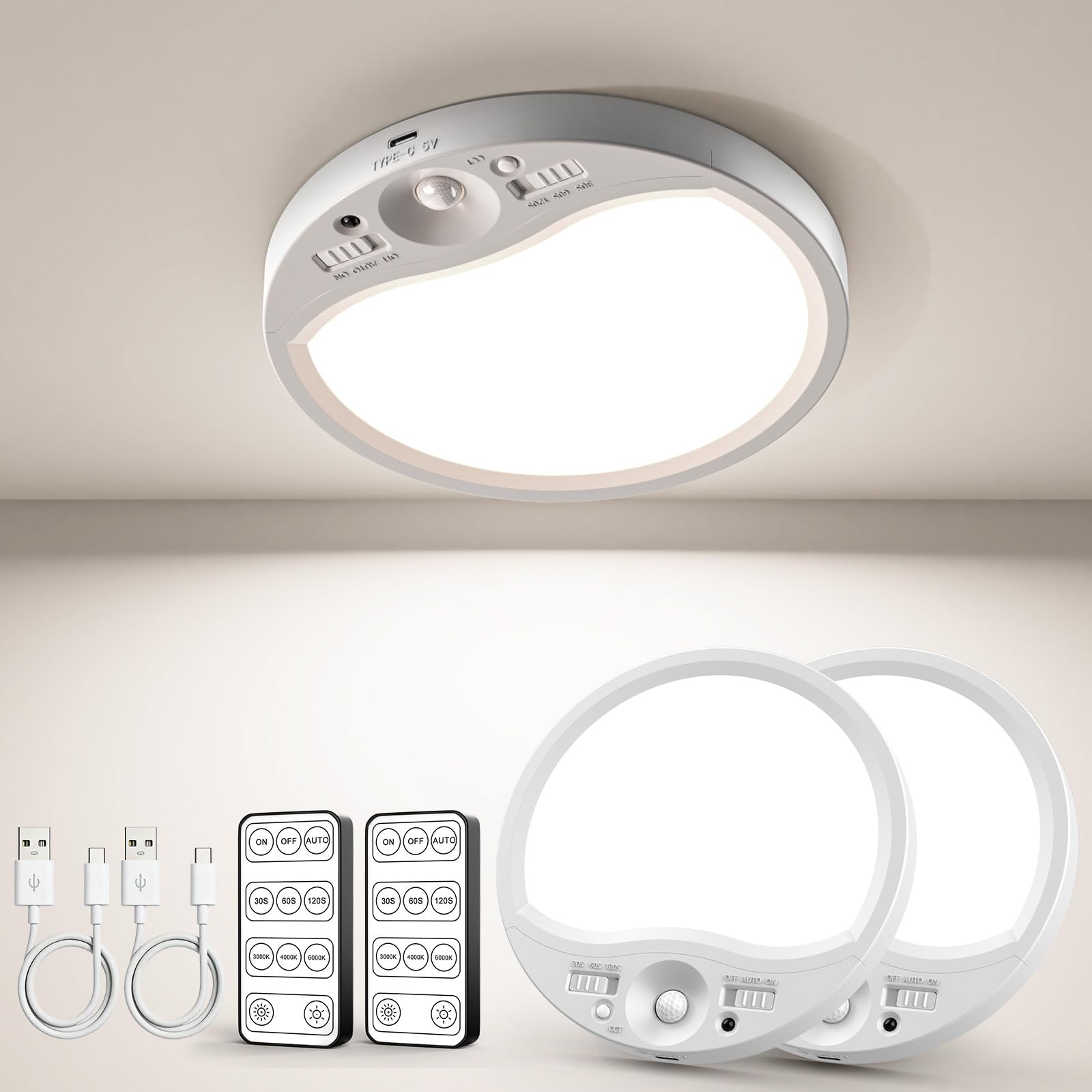 Tanbaby Plafoniera LED Soffitto Ricaricabile,Lampada da Soffitto con Sensore di Movimento e Telecomando,Fissaggio magnetico senza forature,3000K-6500K Lampada Soffitto(2 confezion…