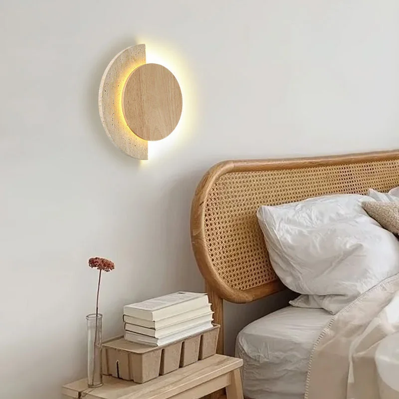 Lampada da Comodino Rotonda Stile Wabi Sabi, Applique in Travertino Giallo con LED, Decorazione in Legno per Soggiorno, Corridoio, Ingresso