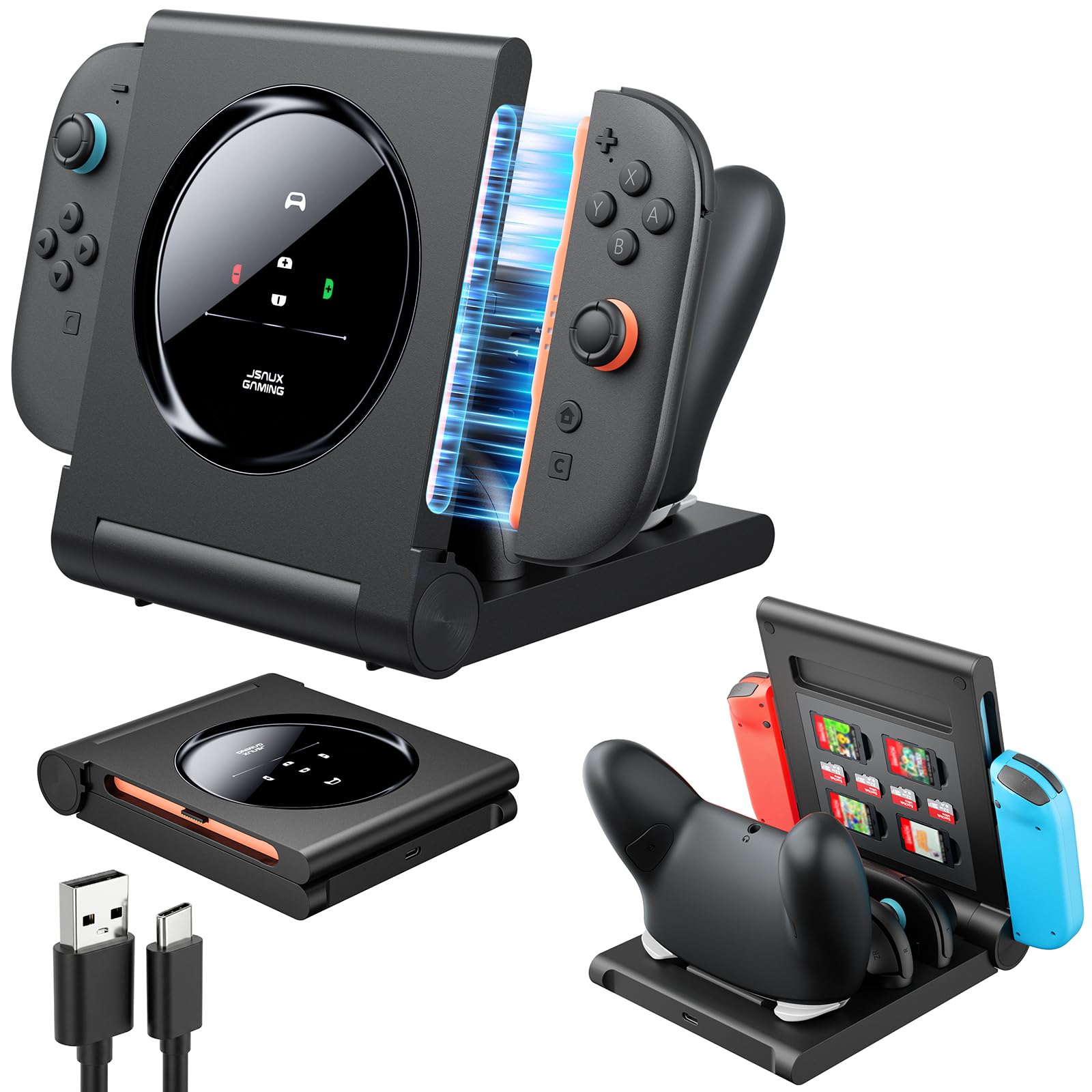 JSAUX Caricatore 5-in-1 per PRO Controller Switch 2 e JoyPads Switch 1/2 | 5 Porte di Ricarica, Ricarica Rapida in 2,5 Ore, Indicatori LED a 3 Colori, 8 Slot per Schede di Gioco,…