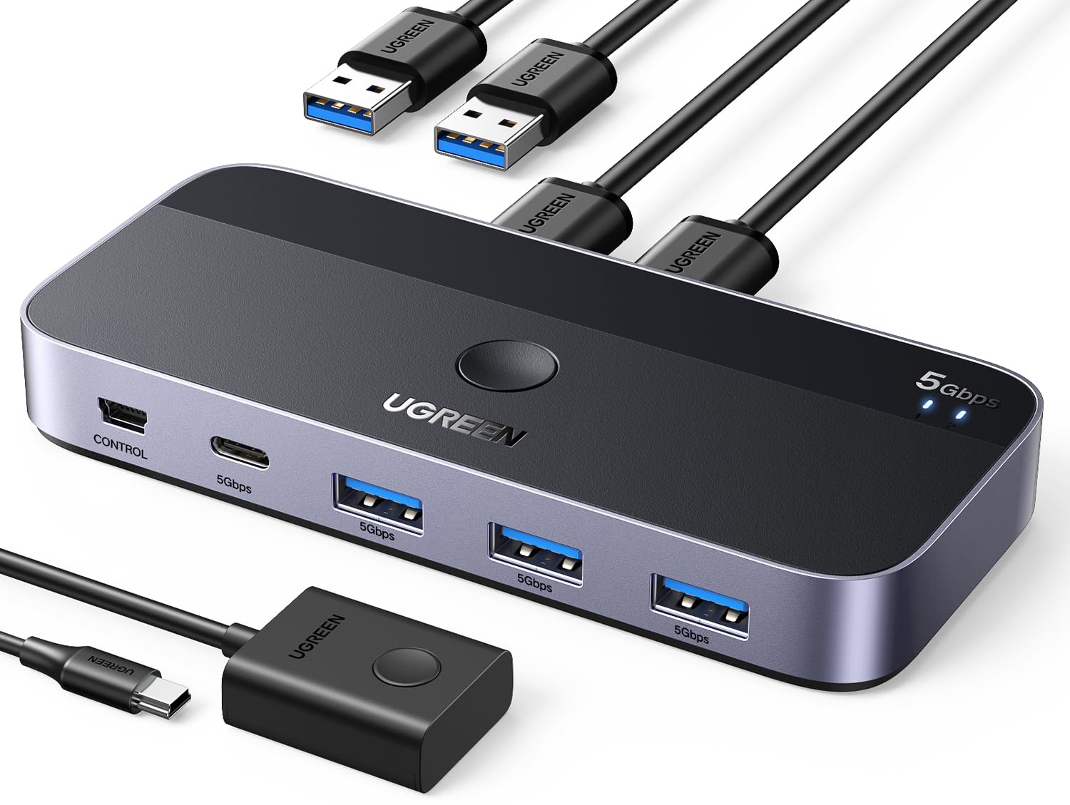 UGREEN 5 Gbps 4 Porte Switch KVM USB 3.0 a 2 in 4 Out Switcher | 2 PC Condividono Quattro Periferiche, per Tastiera, Mouse, Stampante, Hard Disk, con Controllo da Tavolo, Cavi 3.0…