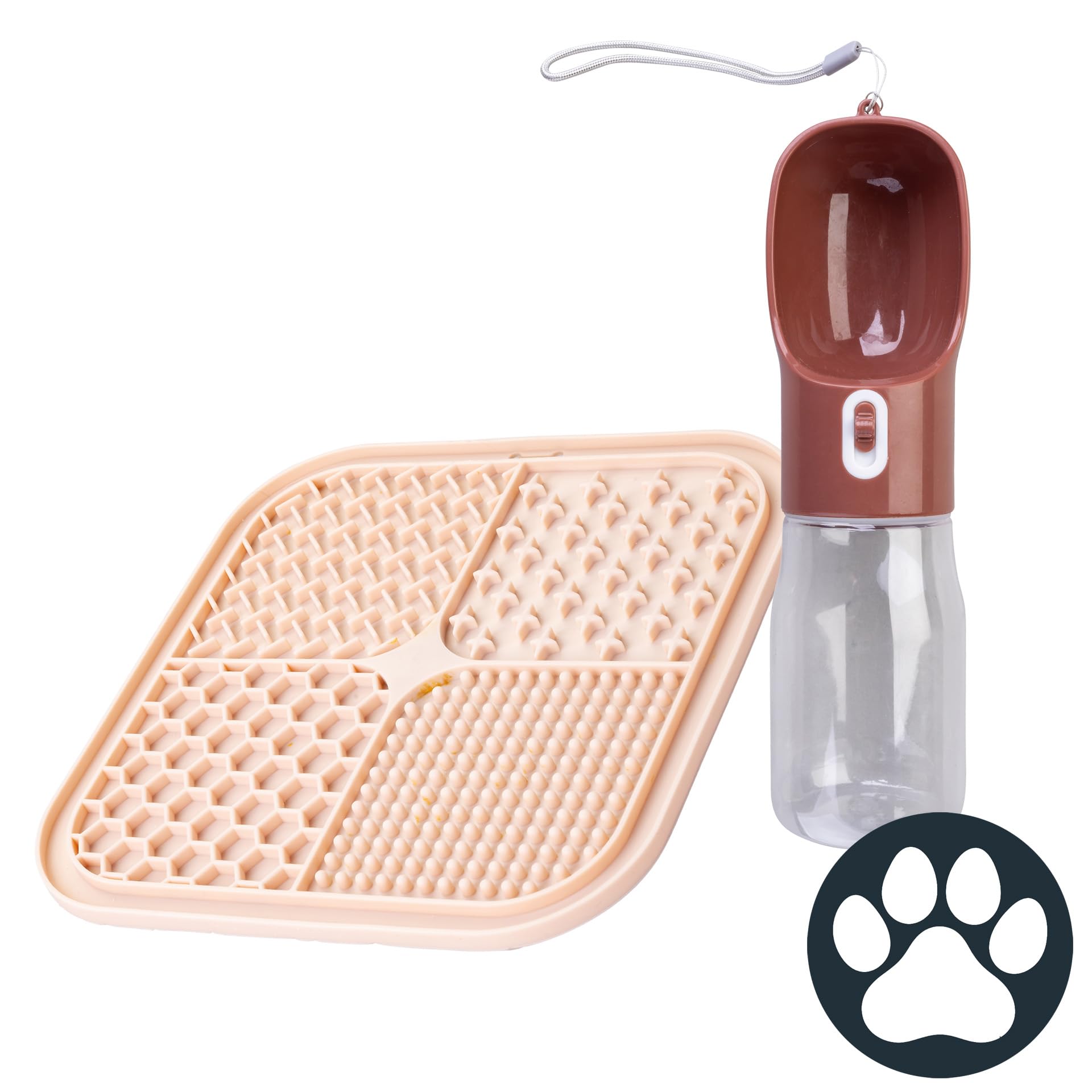 Fackelmann Set Accessori Cane e Gatto, Kit con 1 Borraccia Portatile da 400 ml con Ciotola Integrata e 1 Tappetino Leccamento Lick Mat in Silicone 20x20 cm, Accessori Viaggio e Al…