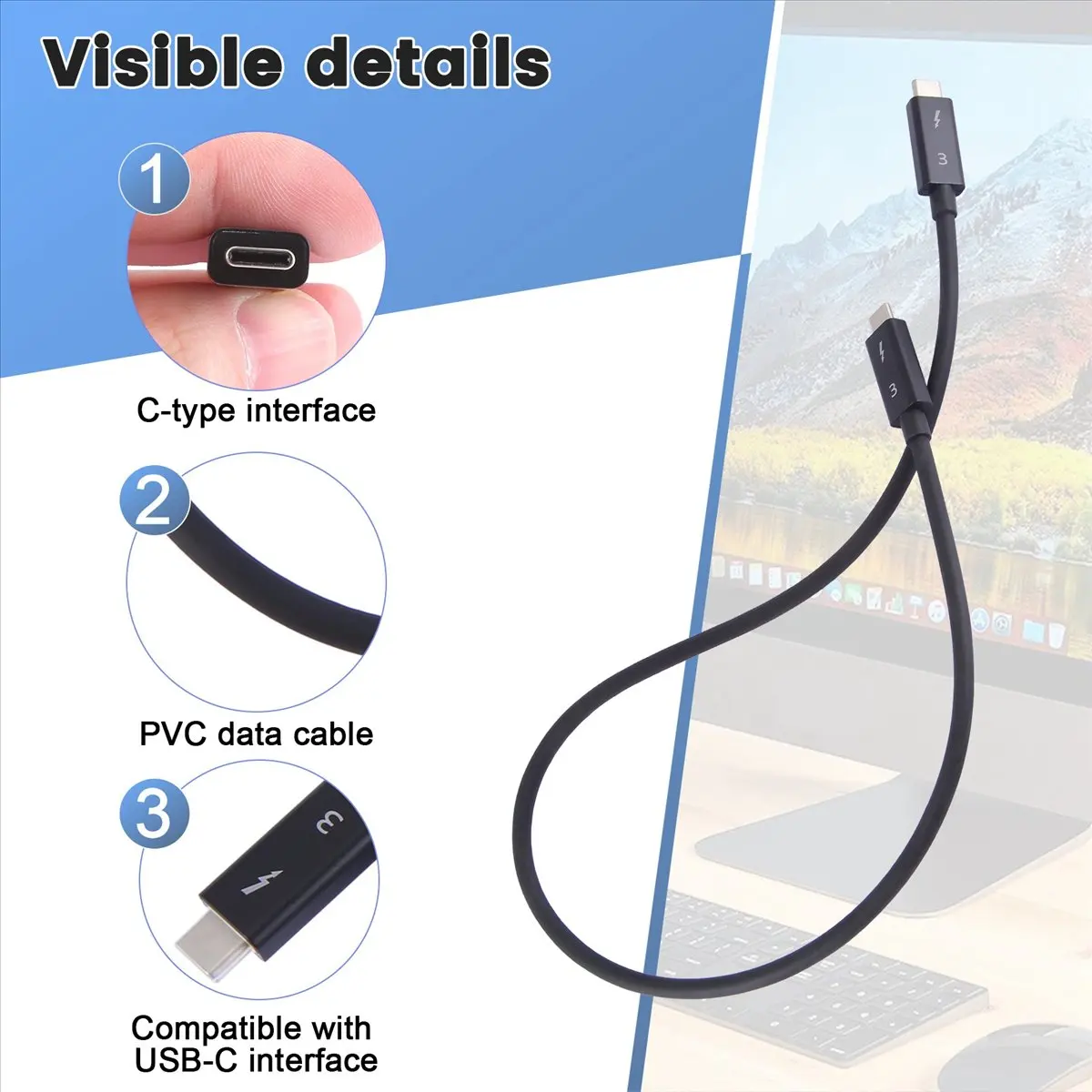 (A32M) Cavo Type-C per Thunderbolt 3, Cavo Dati 40Gbps, Ricarica Rapida 100W, Trasmissione 5K, 50cm