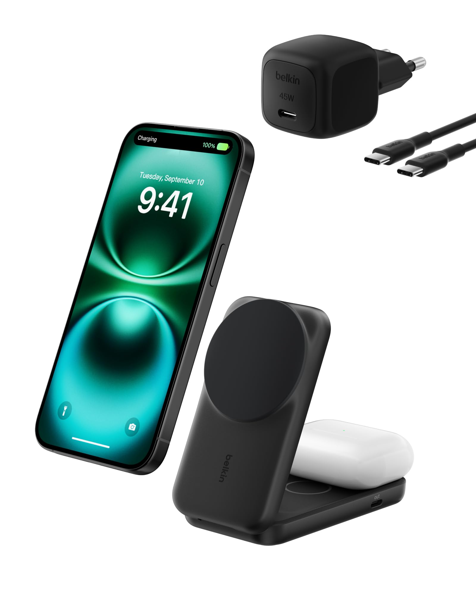 Belkin UltraCharge Caricatore Wireless Magnetico Qi2 25W 2 in 1 - Nero | Stazione MagSafe, Certificazione Qi2.2, USBC, Tecnologia di Raffreddamento per iPhone, Apple Watch, AirPod…