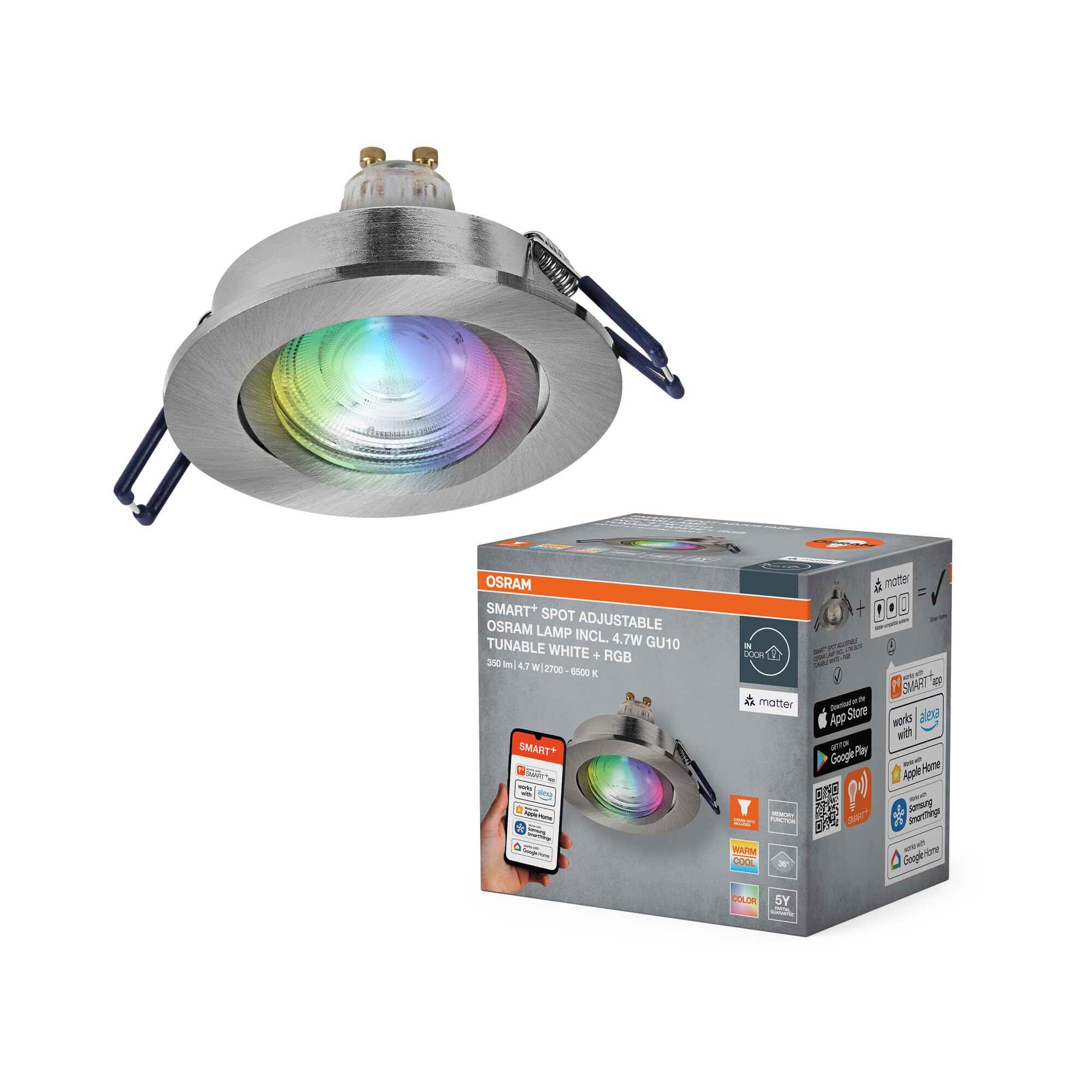 OSRAM Smart Matter LED Spot GU10 RGBW nichel satinato | SMART+ MATTER LED Spot Recess GU10, Spot lights and ceiling spots, Nichel satinato, 20000 h, confezione da 1