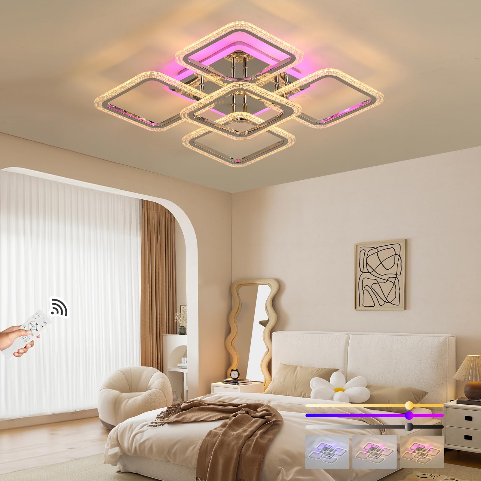 ZAITINZ Plafoniera LED Soffitto 80W, 5 Quadrati Luce Ambiente Dimmerabile | Lampada da Soffitto Moderna Cromata, 3000-6000K, Telecomando Memoria, 4800LM 56x56cm per Soggiorno Came…