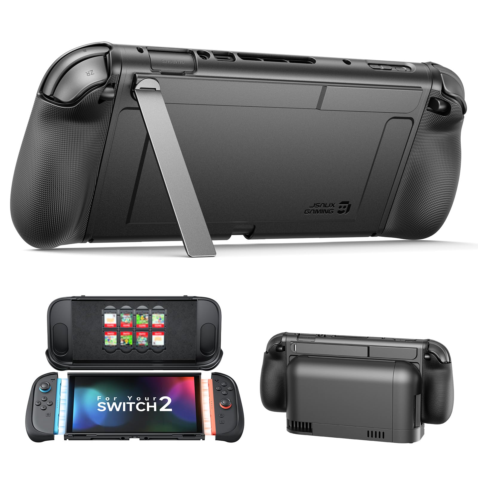 JSAUX GoJoy Custodia per Switch 2, Custodia Grip Divisa Dockable | Stand Metallico Nascosto, Protezione da Cadute, Design Dockable, Cover Frontale in PC, Grip Ergonomico