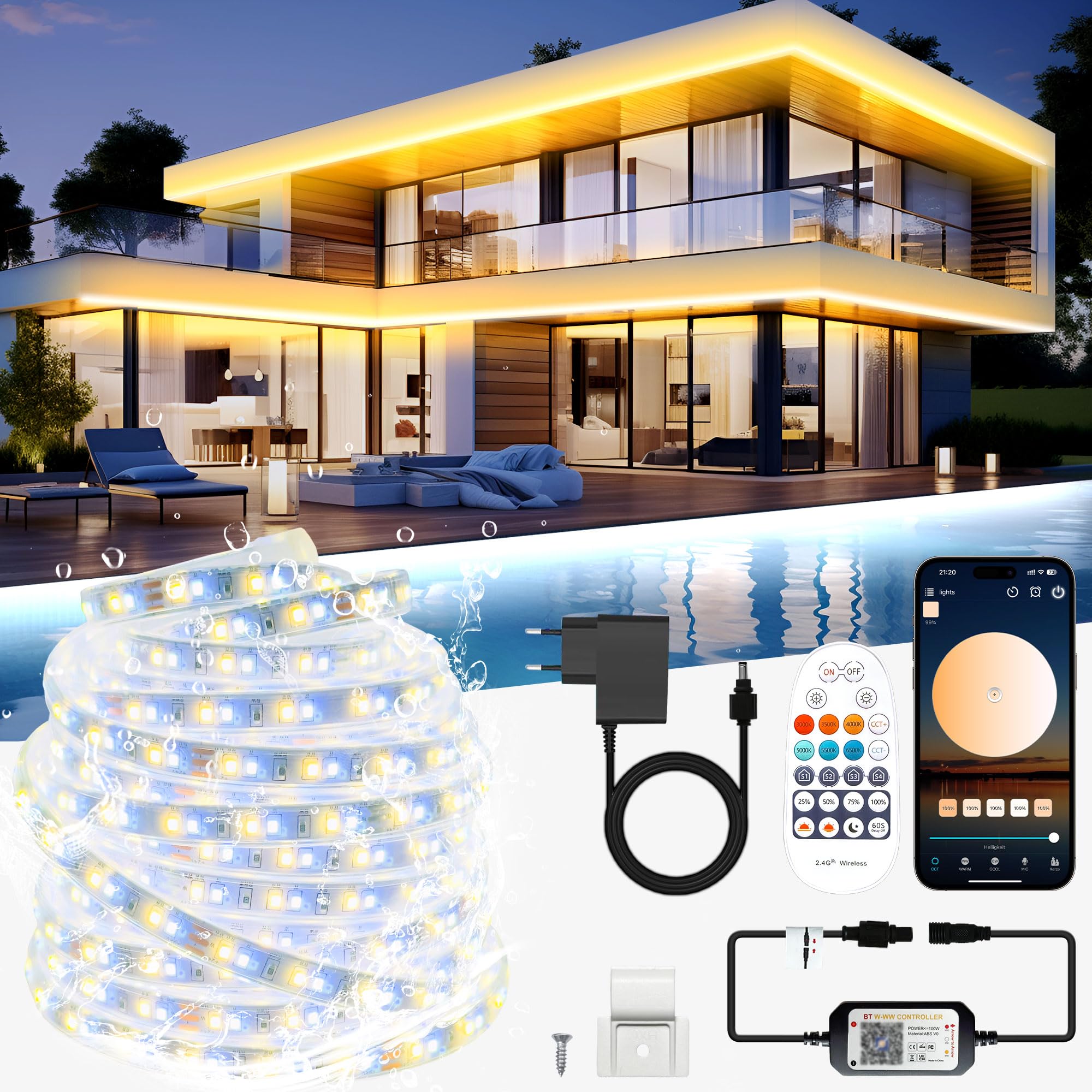 TENDIST 20M Striscia LED Esterno Impermeabile IP67, Luci Esterno LED Dimmerabile Bianca a Luce Calda, Strisce Adesive con Telecomando & APP, Striscia Impermeabile 24v per Cucina d…