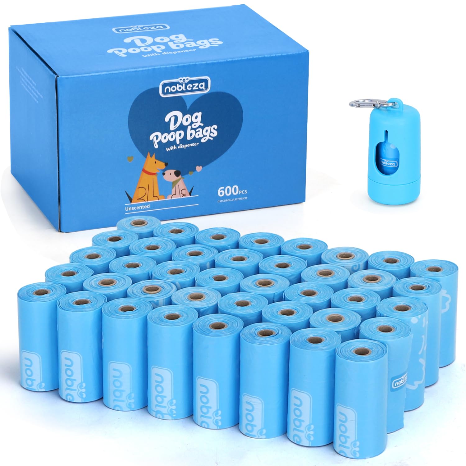 Nobleza Sacchetti Cacca Cane, 600 Sacchetti Escrementi Cani con Dispenser | 40 Rotoli,15 Sacchetti Cacca Cane/Rotolo, Impermeabili Resistenti, Stampa Carina