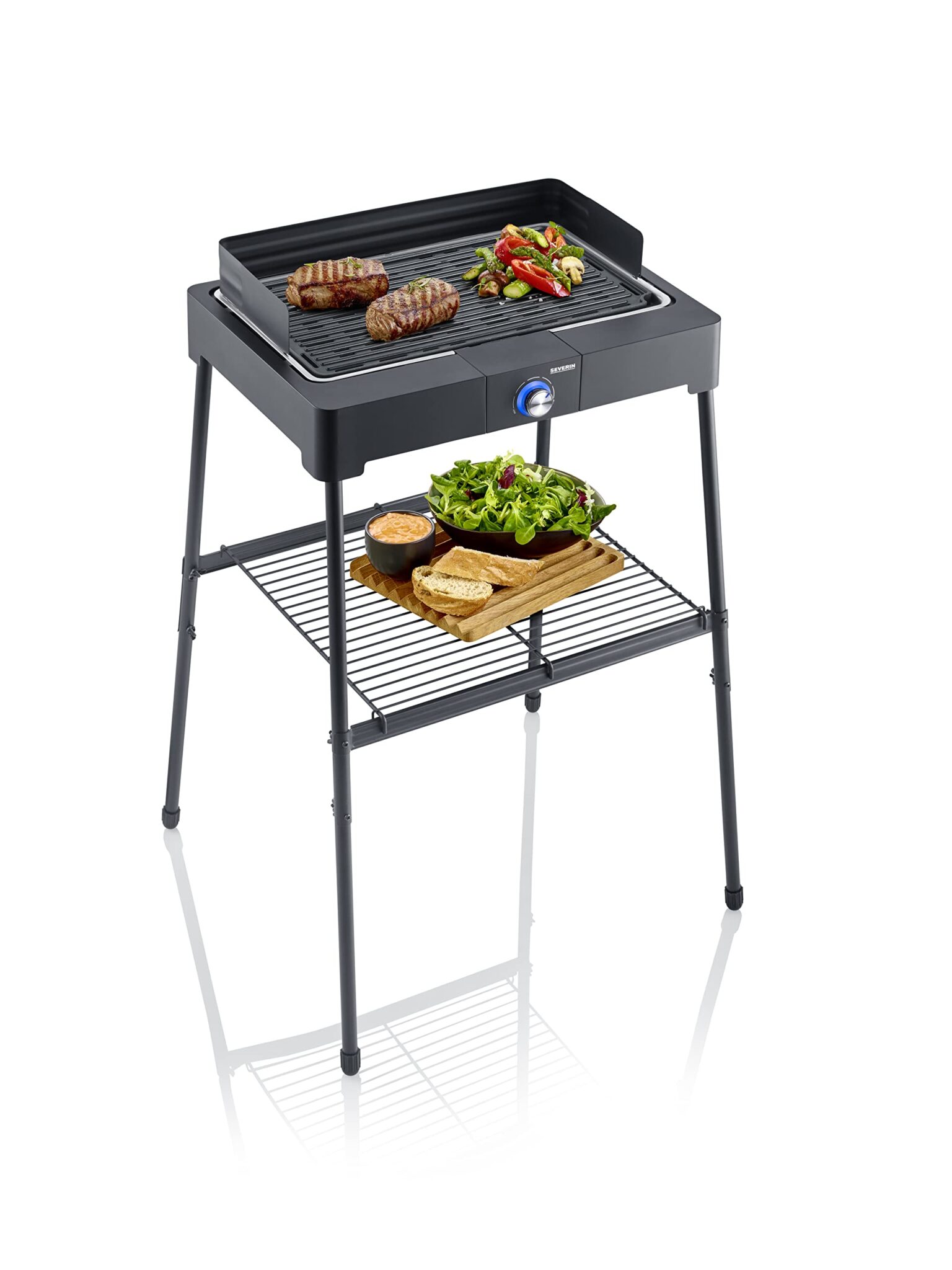 SEVERIN Barbecue Elettrico con Gambe e Ripiano, Piastra in Alluminio, Grill da Balcone con Alloggiamento SafeTouch Antiscottatura, Funzione Quick-Start, 2200 W, Nero - PG 8568
