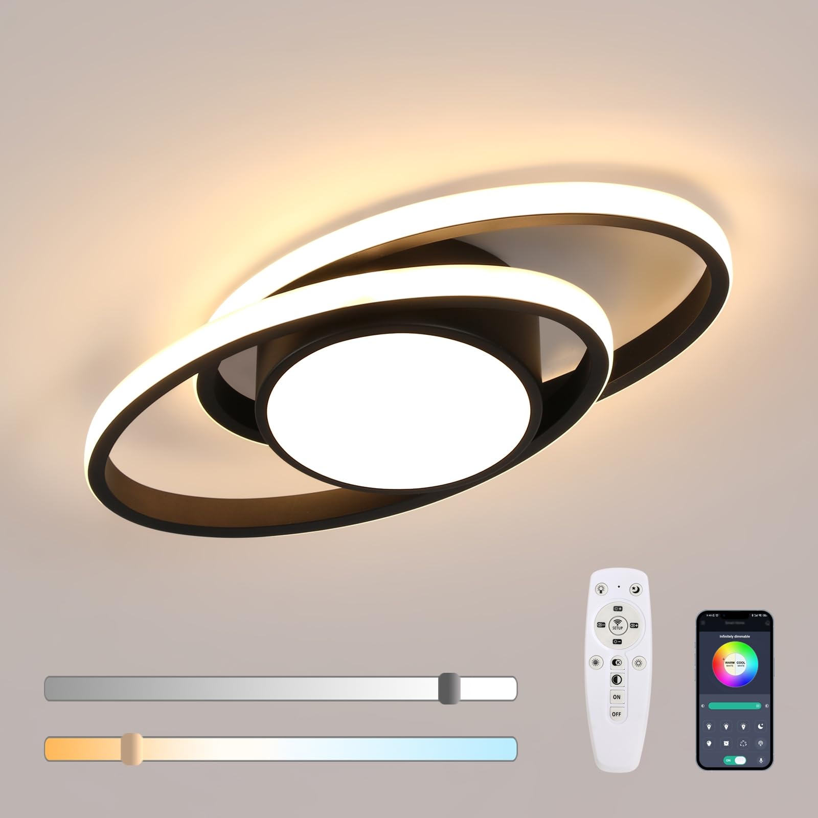 Mckalen 39W Plafoniere da Soffitto Dimmerabile Nero 3000K-6500K, 38.5CM | 39W 4387LM Plafoniera LED Soffitto Moderno con Telecomando/APP, Lampada da Soffitto per Soggiorno Camera…