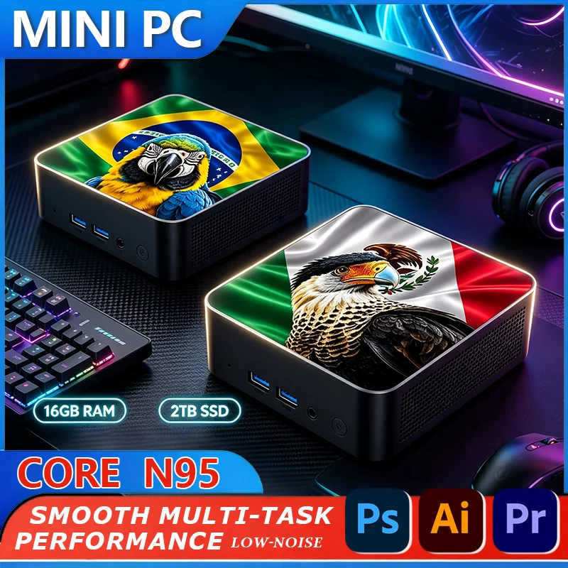 Mini PC con Bandiera Messico Brasile Intel N95 2026 Nuovo 16GB RAM 2TB SSD WiFi6 BT5.2 Compatto ad Alte Prestazioni per Gaming e Ufficio