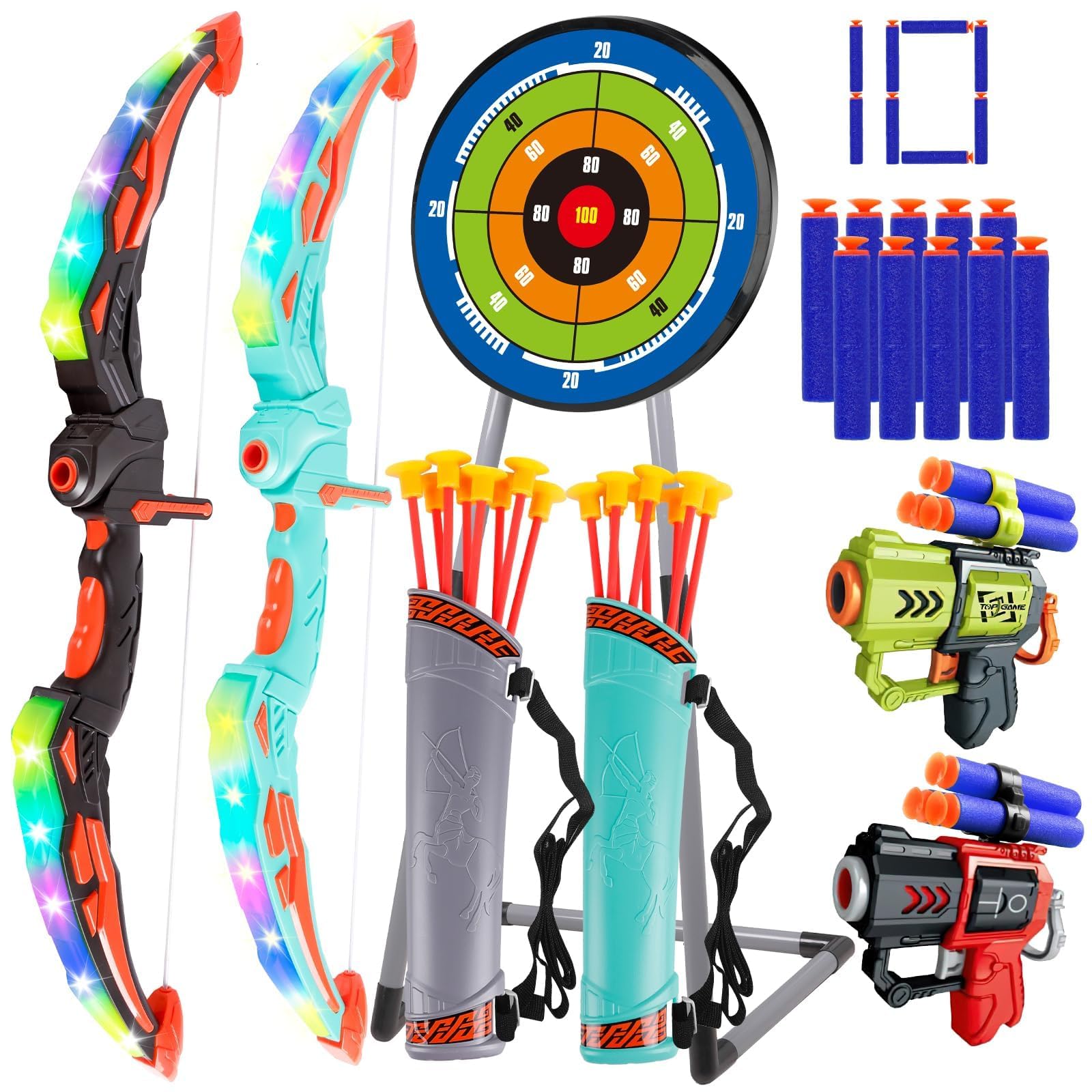 Set Arco e Frecce per Bambini 2 Pezzi con LED, 16 Frecce | Set Arco e Frecce Giocattolo con Bersaglio, Frecce a Ventosa e Supporto, Regalo per Ragazzi e Ragazze di 4-12 Anni