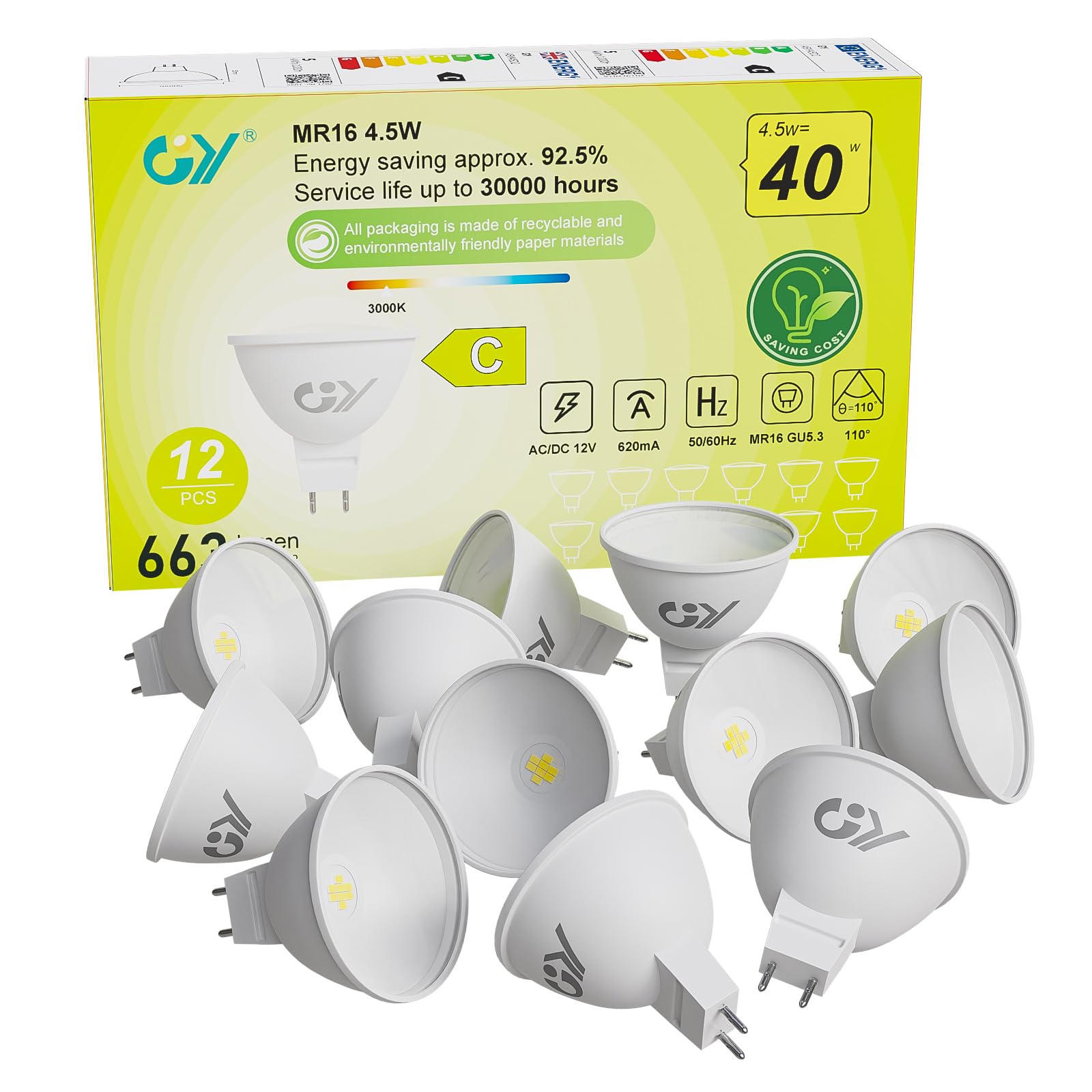 GY GU5.3 Lampadine LED 12V, MR16 4.5W (equivalenti a 40W), 663 Lumen 3000K LED Luce Calda, Lampadina 110° Angolo del Fascio Lampadine GU5.3, Non Dimmerabile Lampadine, 12 pezzi