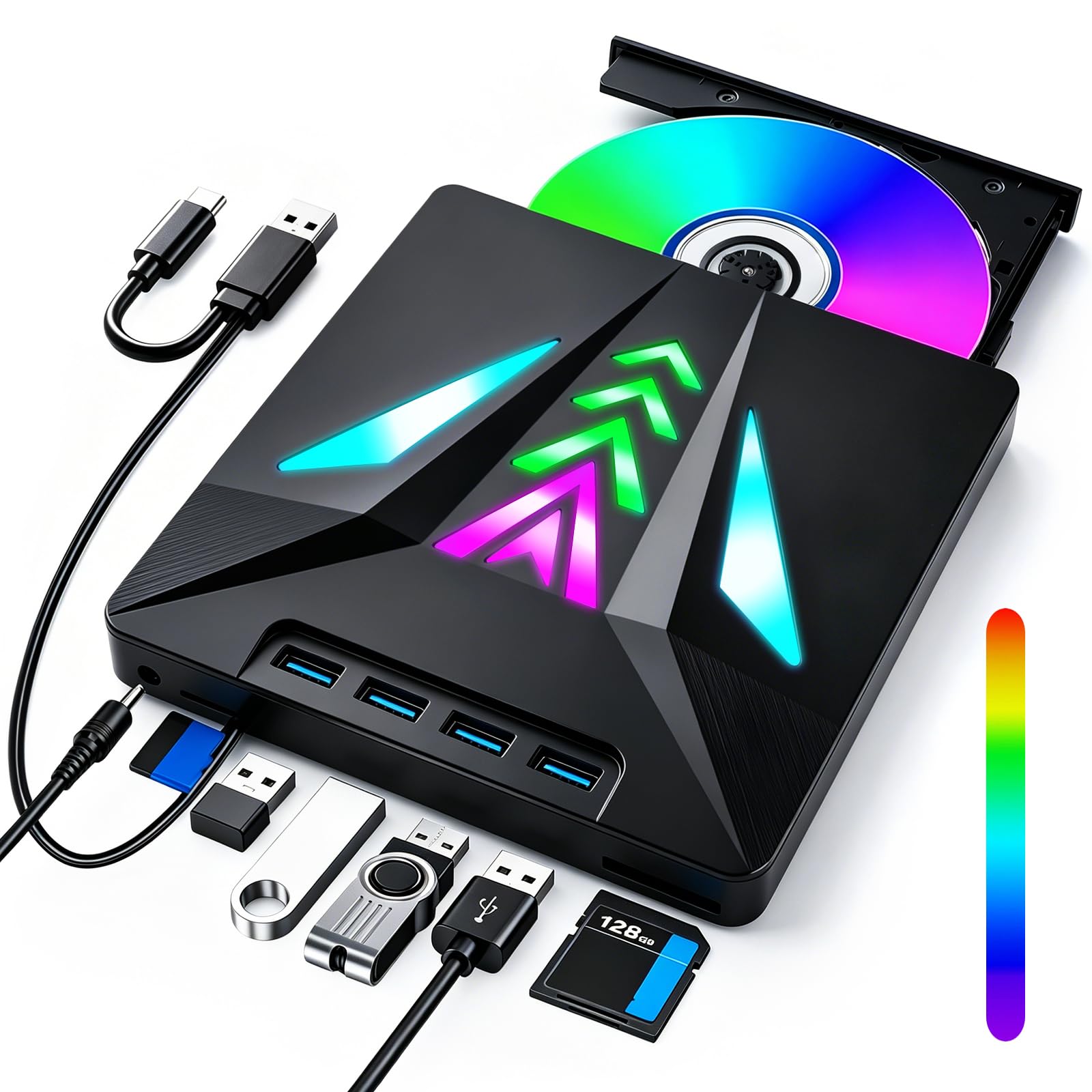 Lettore CD DVD Esterno per PC Portatile, Masterizzatore DVD Esterno USB 3.0 | -/+RW/ROM Drive con 4 Porte USB Portatile Velocità 5 Gbps per Laptop, Desktop, Windows 11/10/8/7/XP/V…