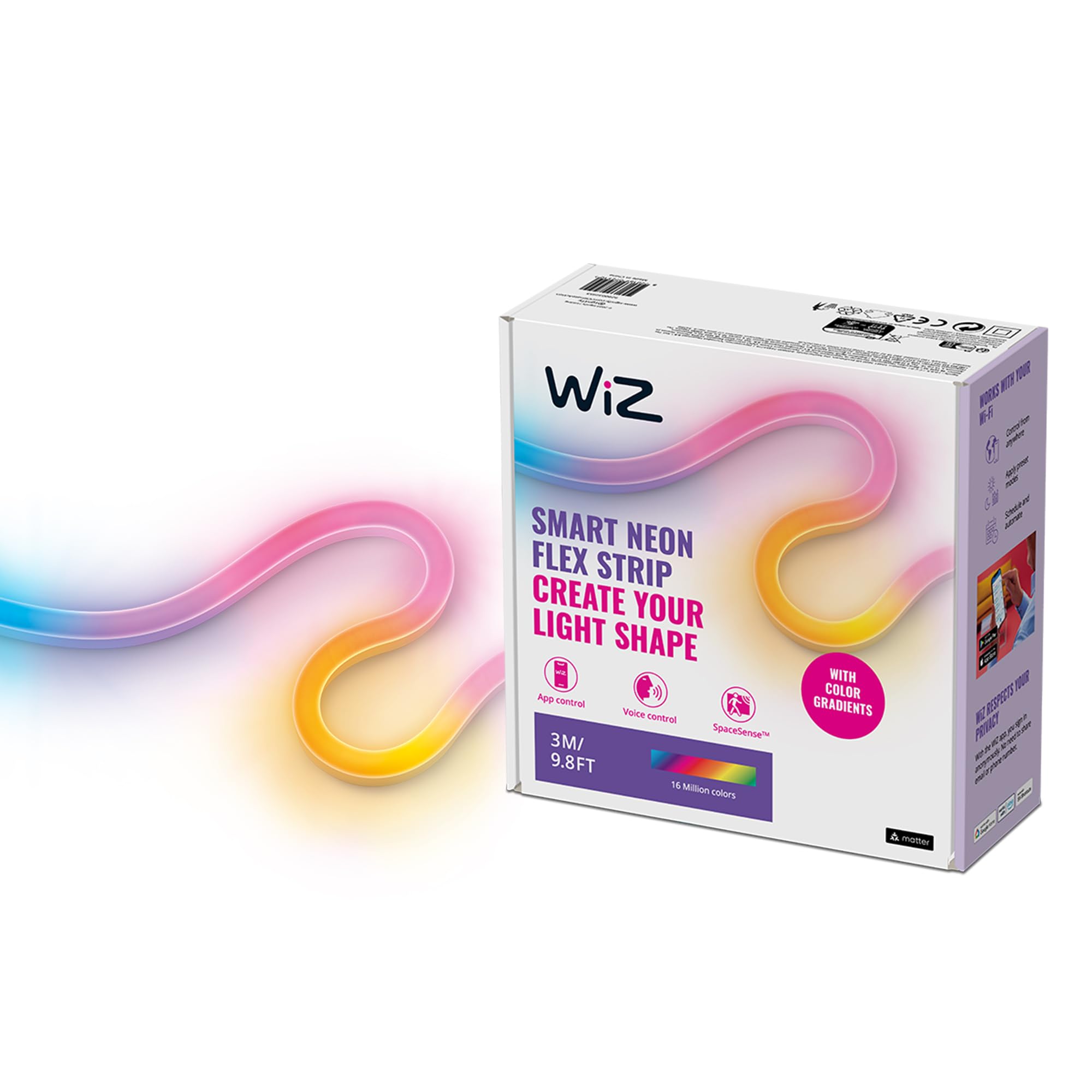 SpaceSense WiZ Striscia Neon Flex SmartLED WiFi 3M, 24W, Tecnologia, Controllo Vocale, Luce Bianca o Colorata