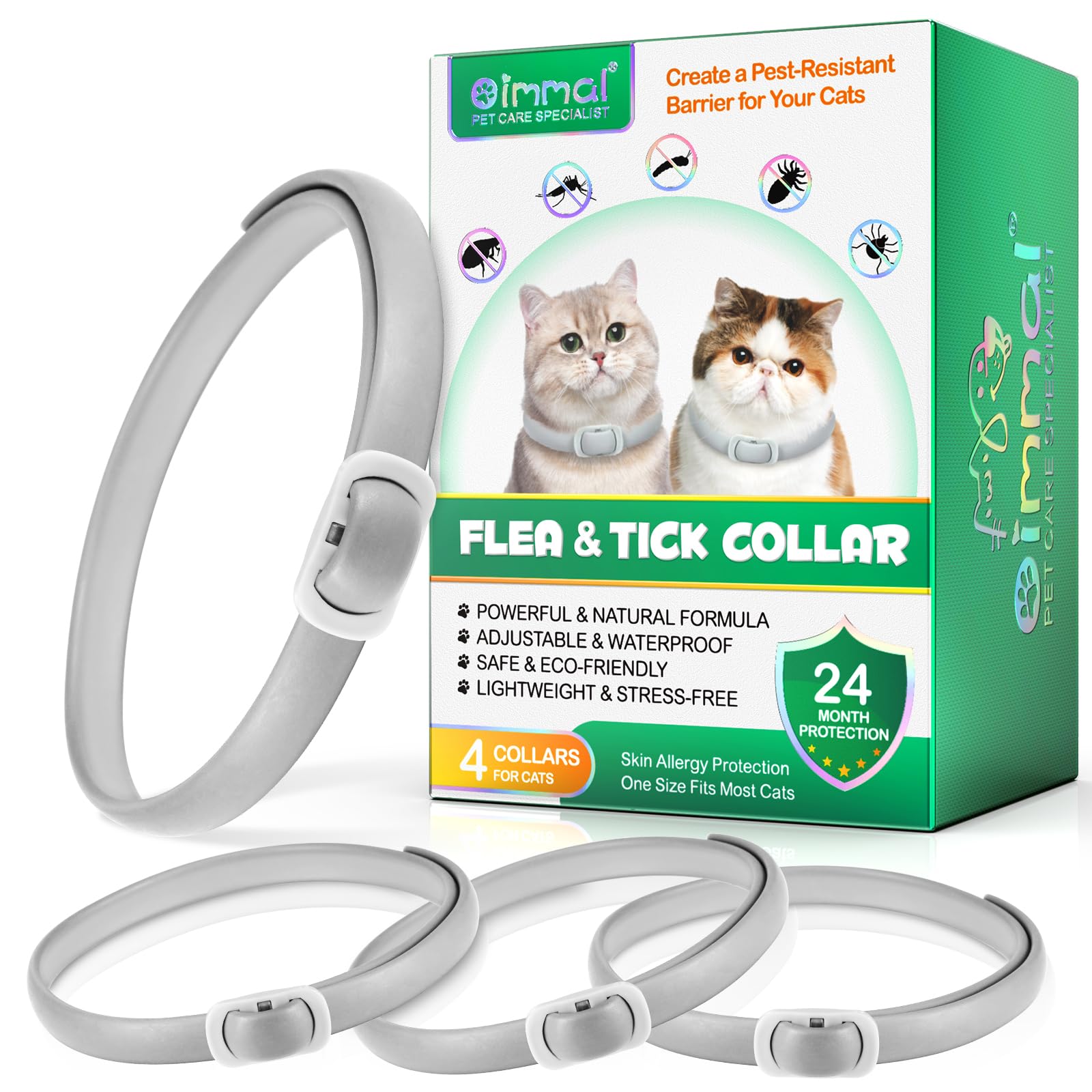 4 Pezzi Collare Antiparassitario per Gatti, Collare Antipulci Gatto Naturale, Impermeabile Collare Antipulci e Zecche per Gatti, 24 Mesi (A)