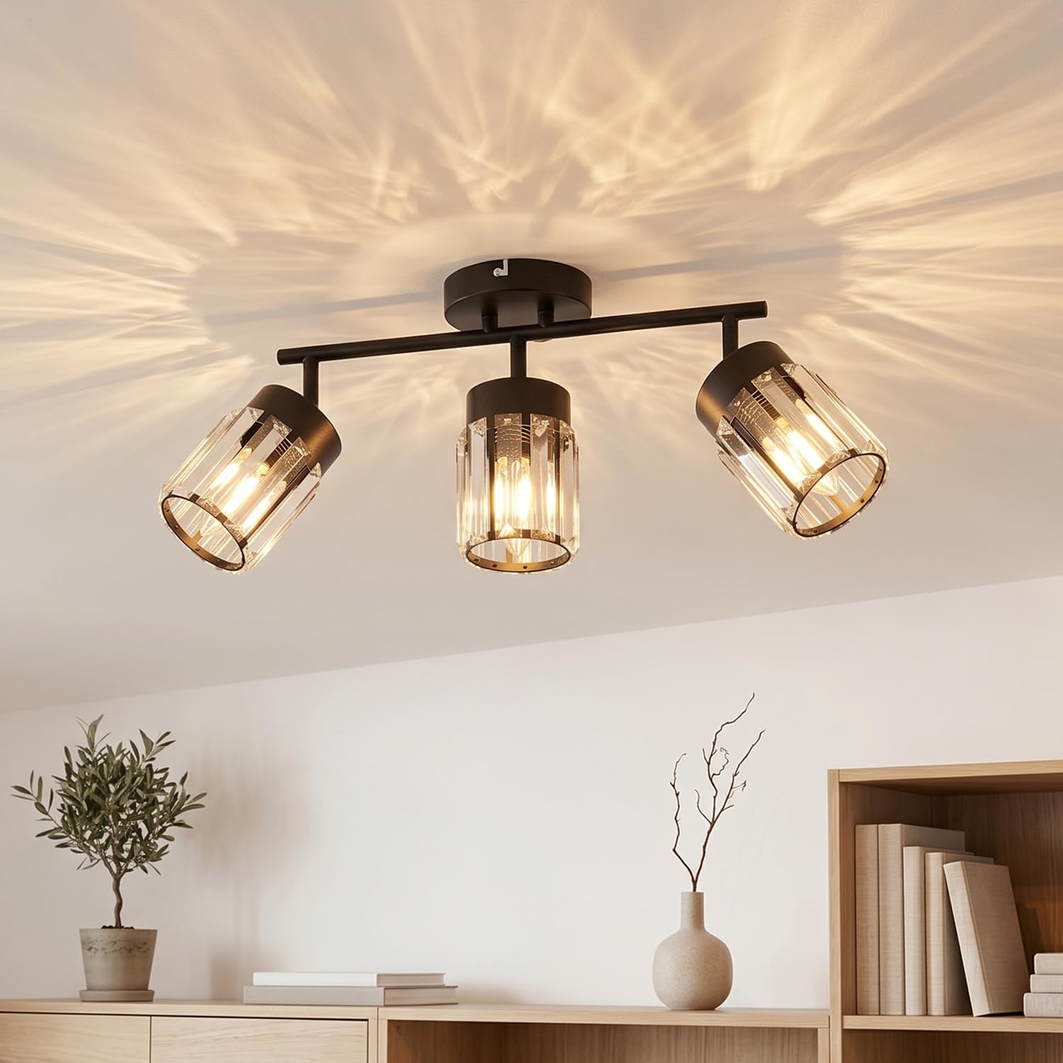 ANWIO Faretto da Soffitto LED 3 Luci,Lampadari di Cristallo a Soffitto,Lampada Vintage Industriale E14-Lampada da Soffitto con Paralume in Vetro Per Soggiorno, Cucina, Corridoio-S…