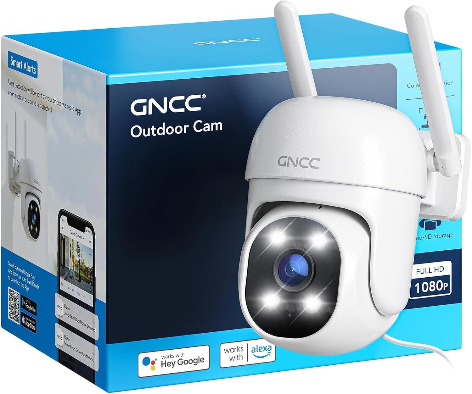 GNCC Telecamera Wi-Fi Esterno 1080P, 360° PTZ, IP65, GK2 | Tracciamento Intelligente, Allarme Luminoso, IP65, 24/7, Compatibile con 2,4 GHz, Rilevamento Movimento, Plug-in, Cavo 3m