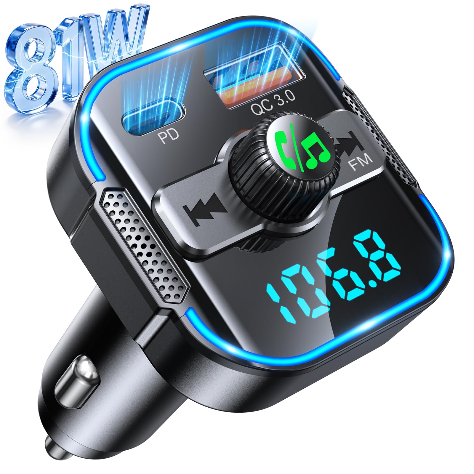 Glangeh Trasmettitore FM Bluetooth Auto [Ricarica Rapida PD 45W+QC3.0 36W] | 2026 Upgrated Adattatore Bluetooth 5.3 Auto Audio Radio con Doppi Microfoni CVC, Car Kit Chiamate Viva…