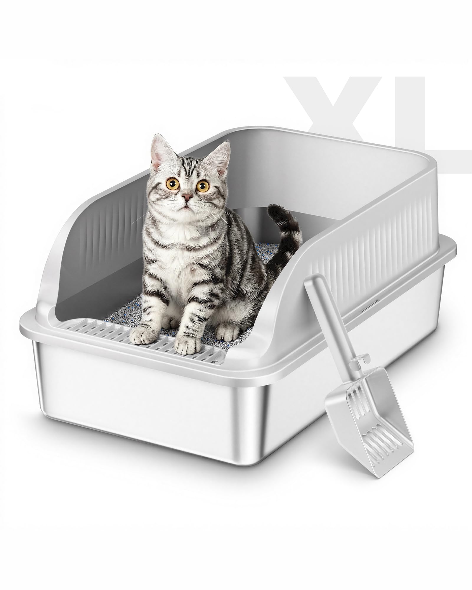 Lettiera Gatto Acciaio Inox, Lettiera per Gatti con Paletta, Toilette per Gatti Grande XXL, Sabbiera Alta Rimovibili, Antiodore, Facile da Pulire, Antiaderente e Spaziosa, Grigio…