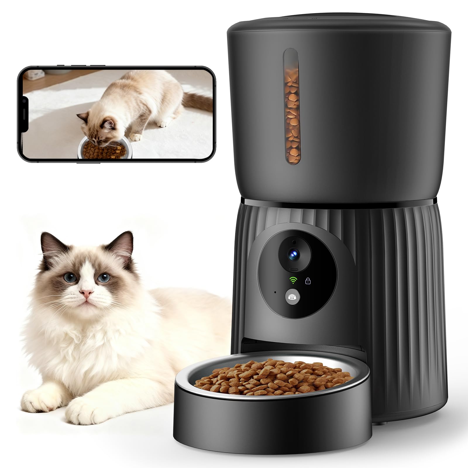 Faroro Distributore Automatico Cibo Gatti con Telecamera, Video HD 1080P, Visione Notturna, Audio Bidirezionale, Dispenser 4L, Angolo Telecamera Regolabile, Sensore Anti-Blocco, A…