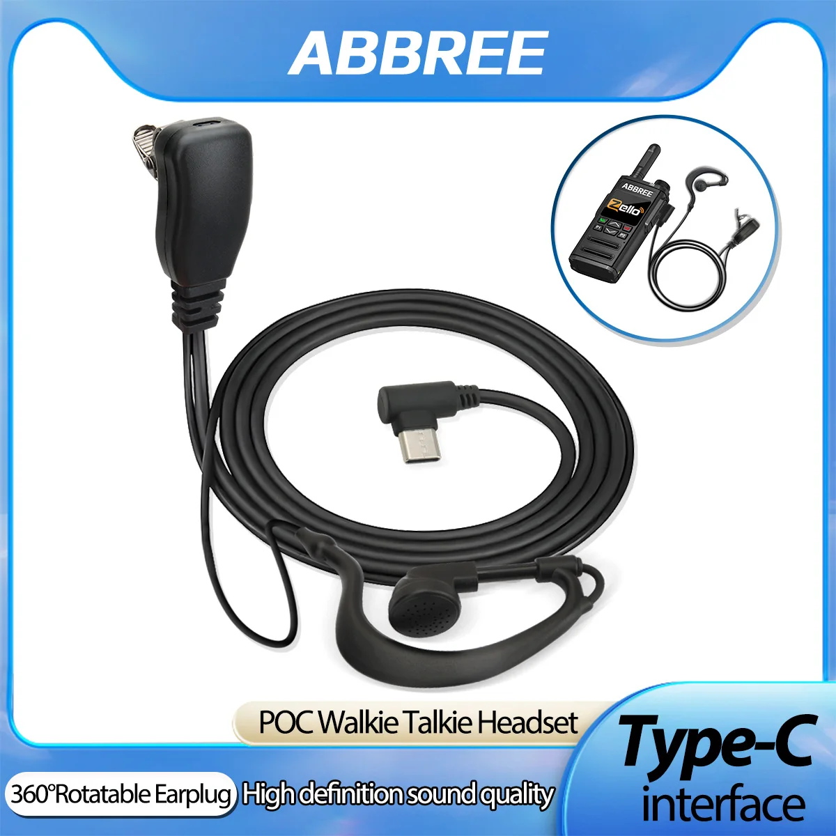 ABBREE Rete PoC Walkie Talkie Auricolare Tipo-C Qualità del suono ad alta definizione Microfono PTT integrato per GP-268 GP-298 ZELLO Radio